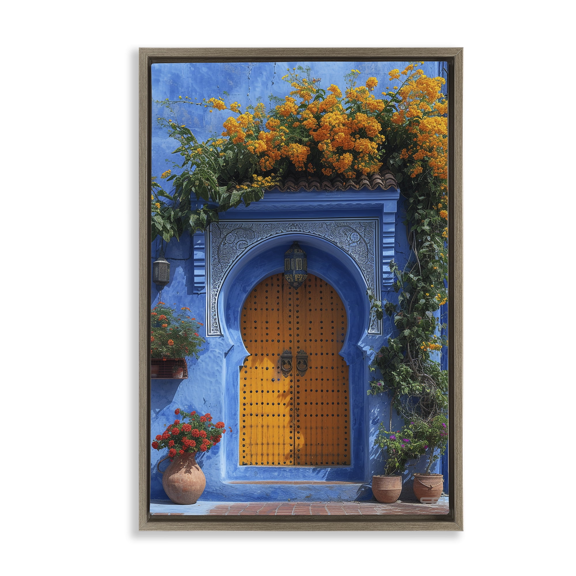 Stupell Industries Blue & Orange Architecture Buildings & Architecture Painting Brown Floater Framed Canvas Art Print Wall Art, 21 x 31