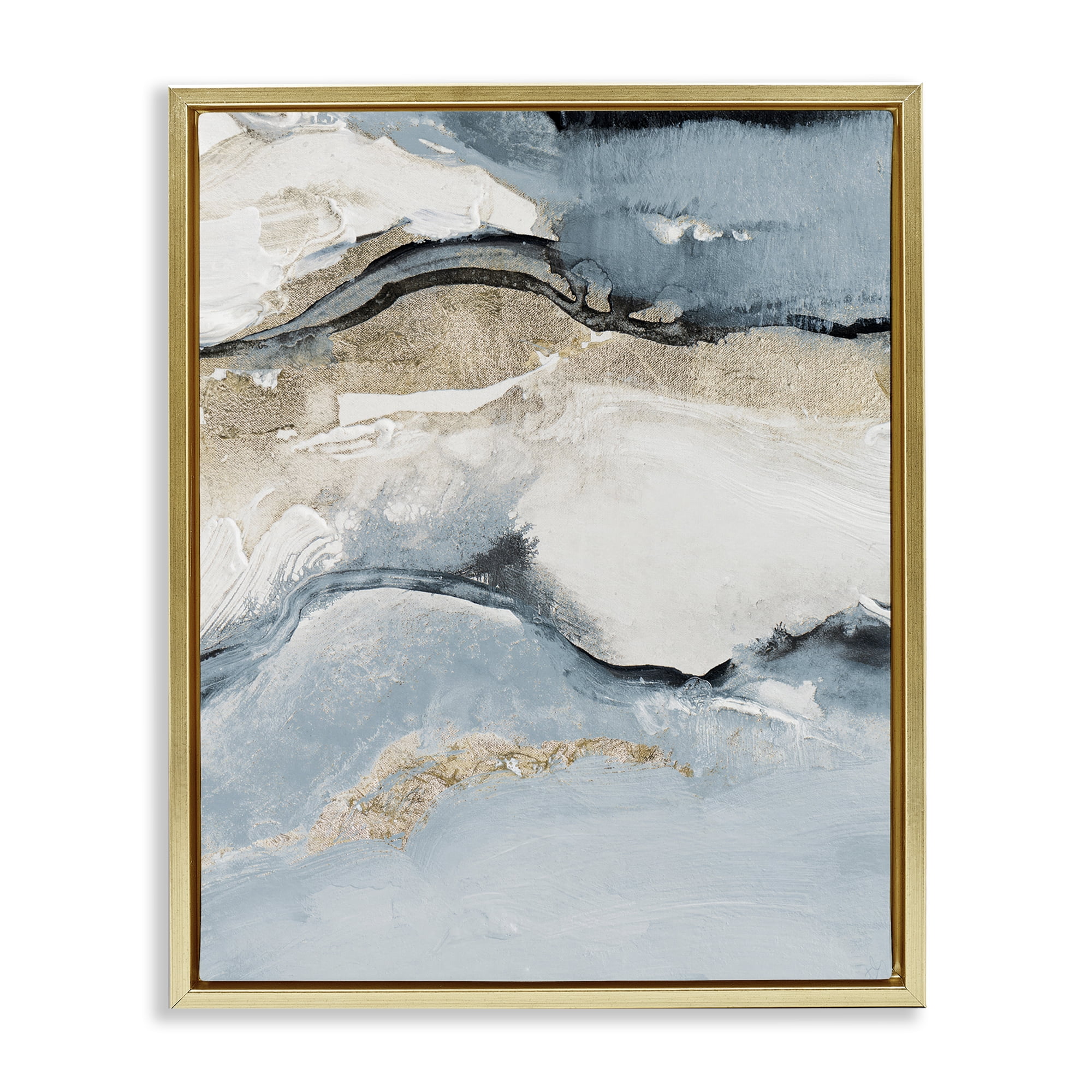 Stupell Industries Blue Organic Agate Pattern Abstract Painting Gold Floater Framed Canvas Art Print Wall Art, 17 x 21
