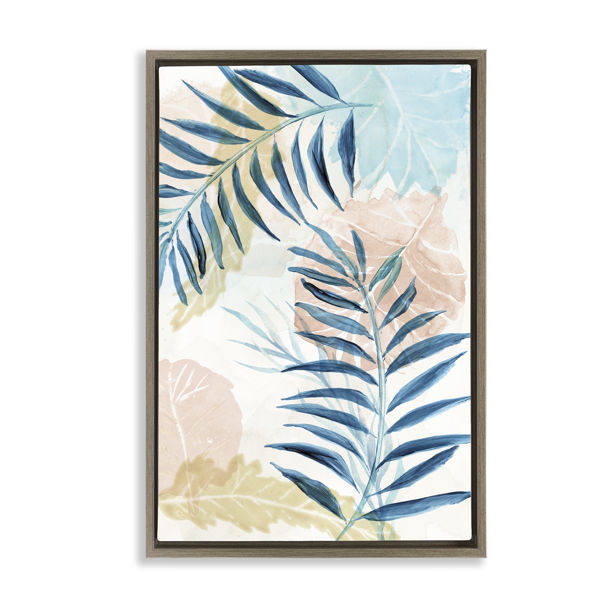 Stupell Industries Blue Palm Fronds in Pastel Haze Brown Framed Floater Canvas Wall Art, design by Nan