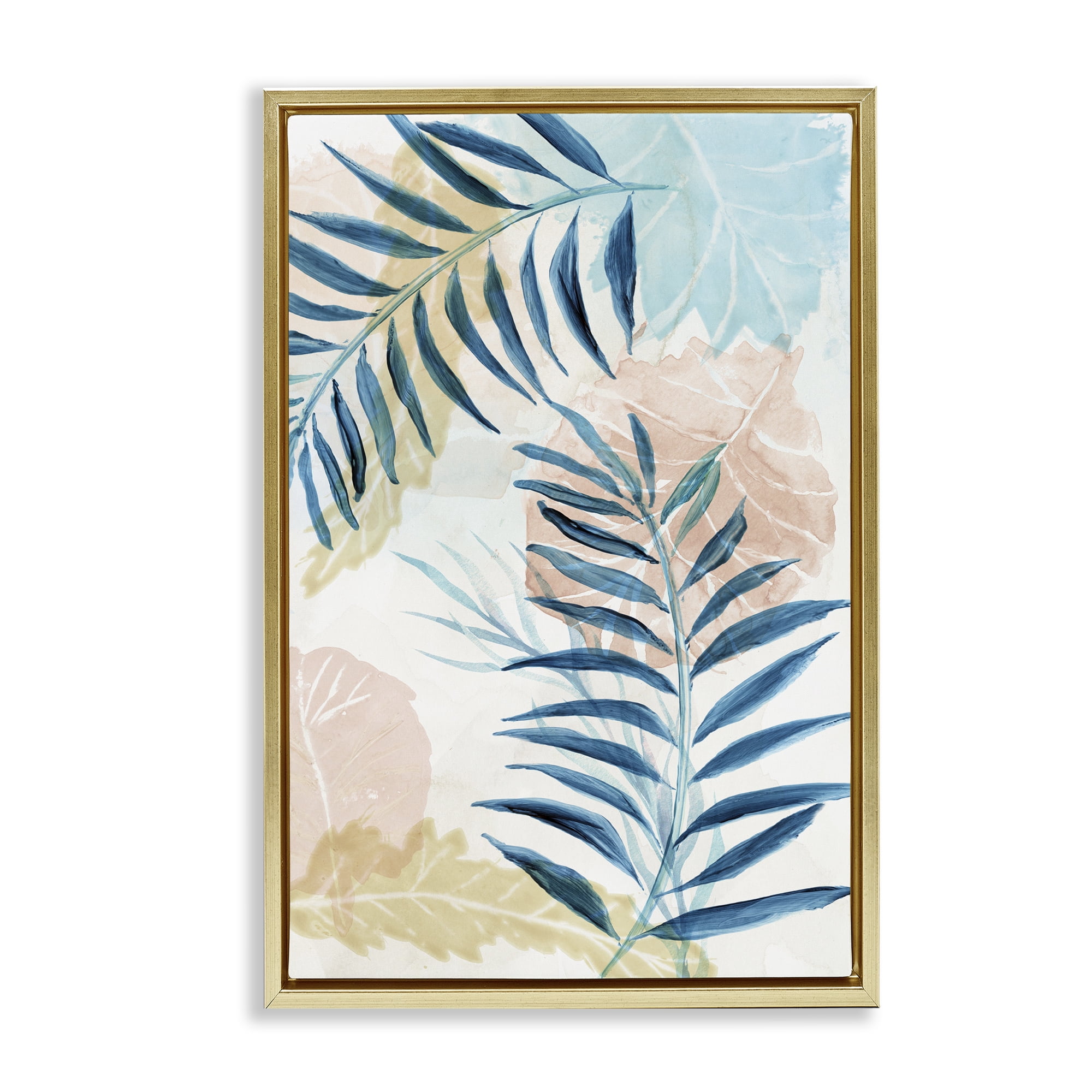 Stupell Industries Blue Palm Fronds in Pastel Haze Gold Framed Floater Canvas Wall Art, design by Nan
