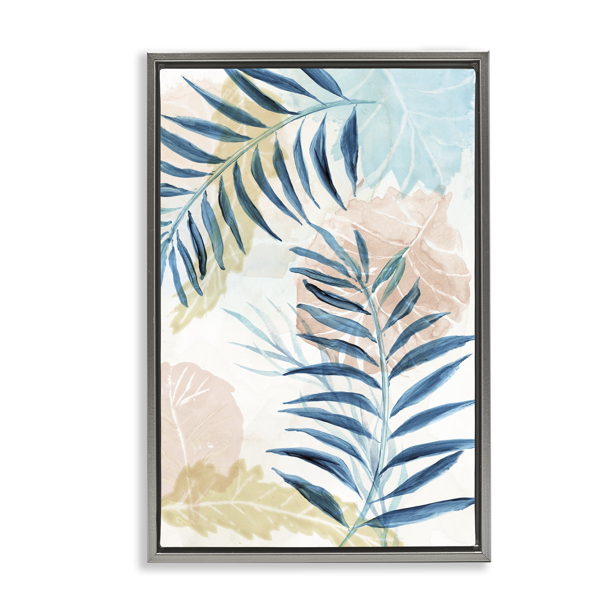 Stupell Industries Blue Palm Fronds in Pastel Haze Gray Framed Floater Canvas Wall Art, design by Nan