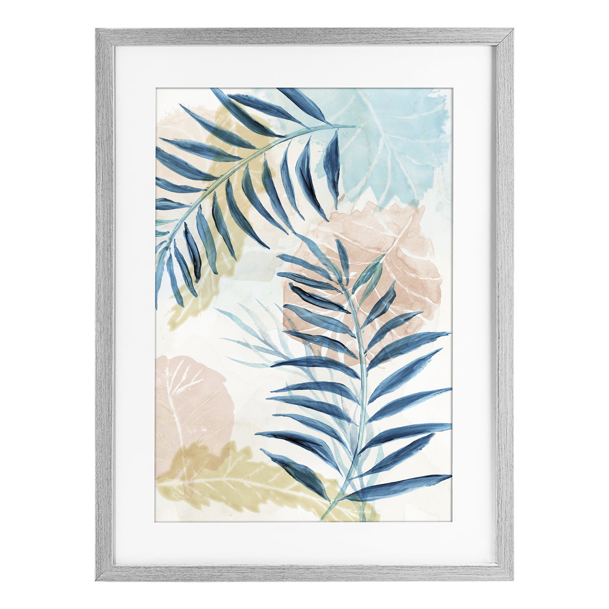 Stupell Industries Blue Palm Fronds in Pastel Haze Gray Framed Print Under Glass, design by Nan