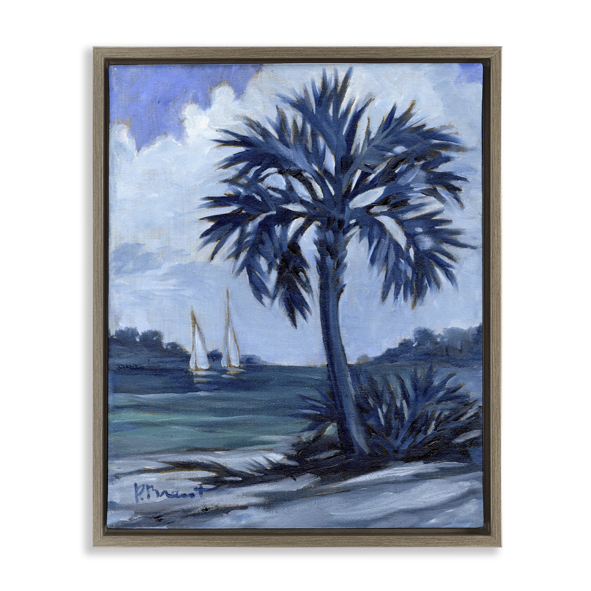Stupell Industries Blue Palm Impressions Landscape & Nature Painting Brown Floater Framed Canvas Art Print Wall Art, 25 x 31