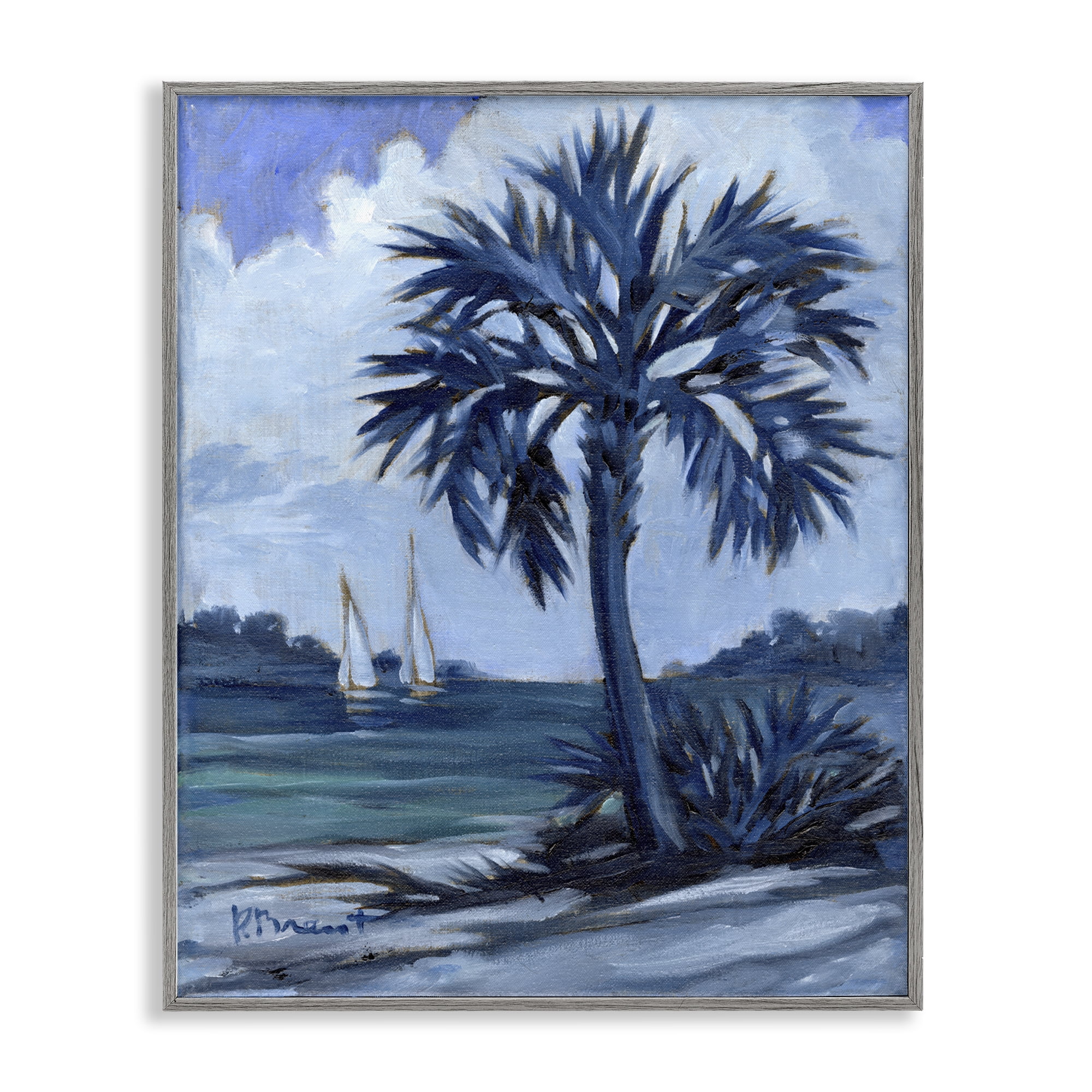 Stupell Industries Blue Palm Impressions Landscape & Nature Painting Gray Framed Art Print Wall Art, 11 x 14