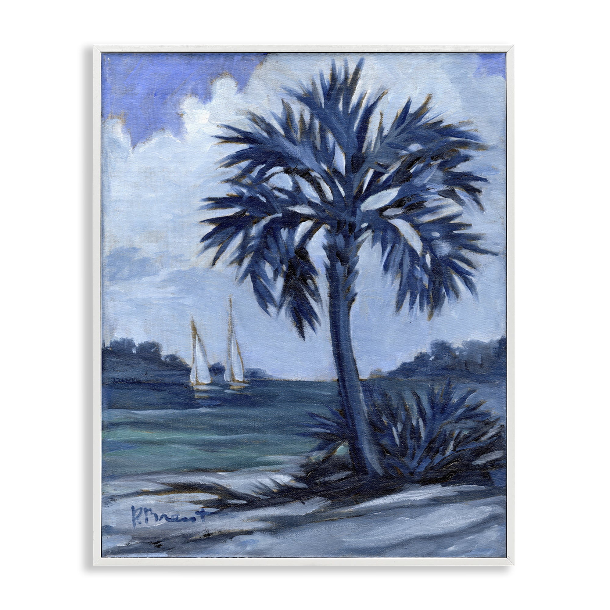 Stupell Industries Blue Palm Impressions Landscape & Nature Painting White Framed Art Print Wall Art, 16 x 20