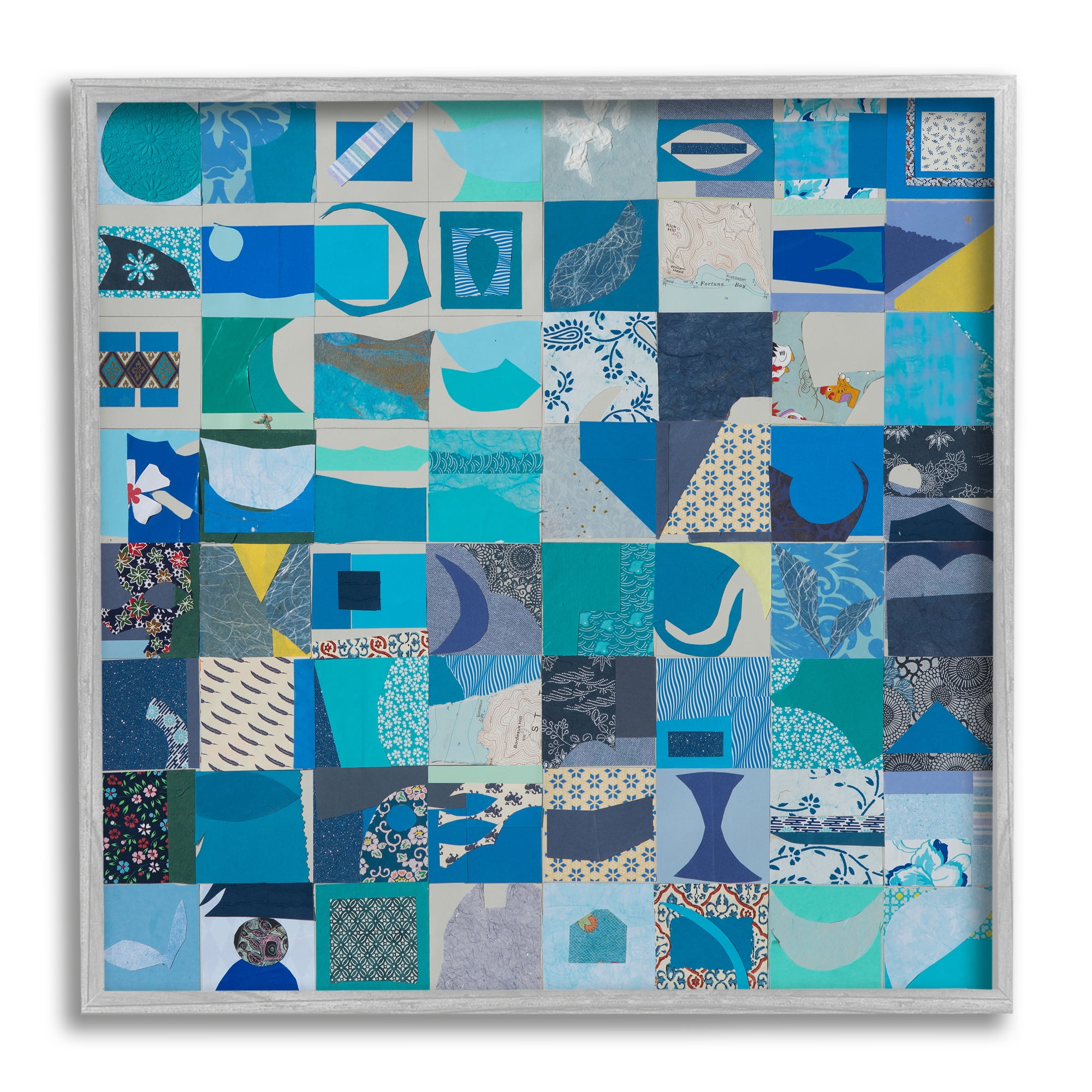 Stupell Industries Blue Patchwork Abstraction Abstract Painting Gray Framed Art Print Wall Art, 12 x 12