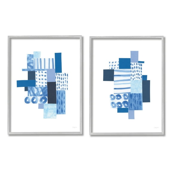 Stupell Industries Blue Patchwork Patterns Abstract Geometric Squares Grey Framed, 16 x 20, Design by Courtney Prahl