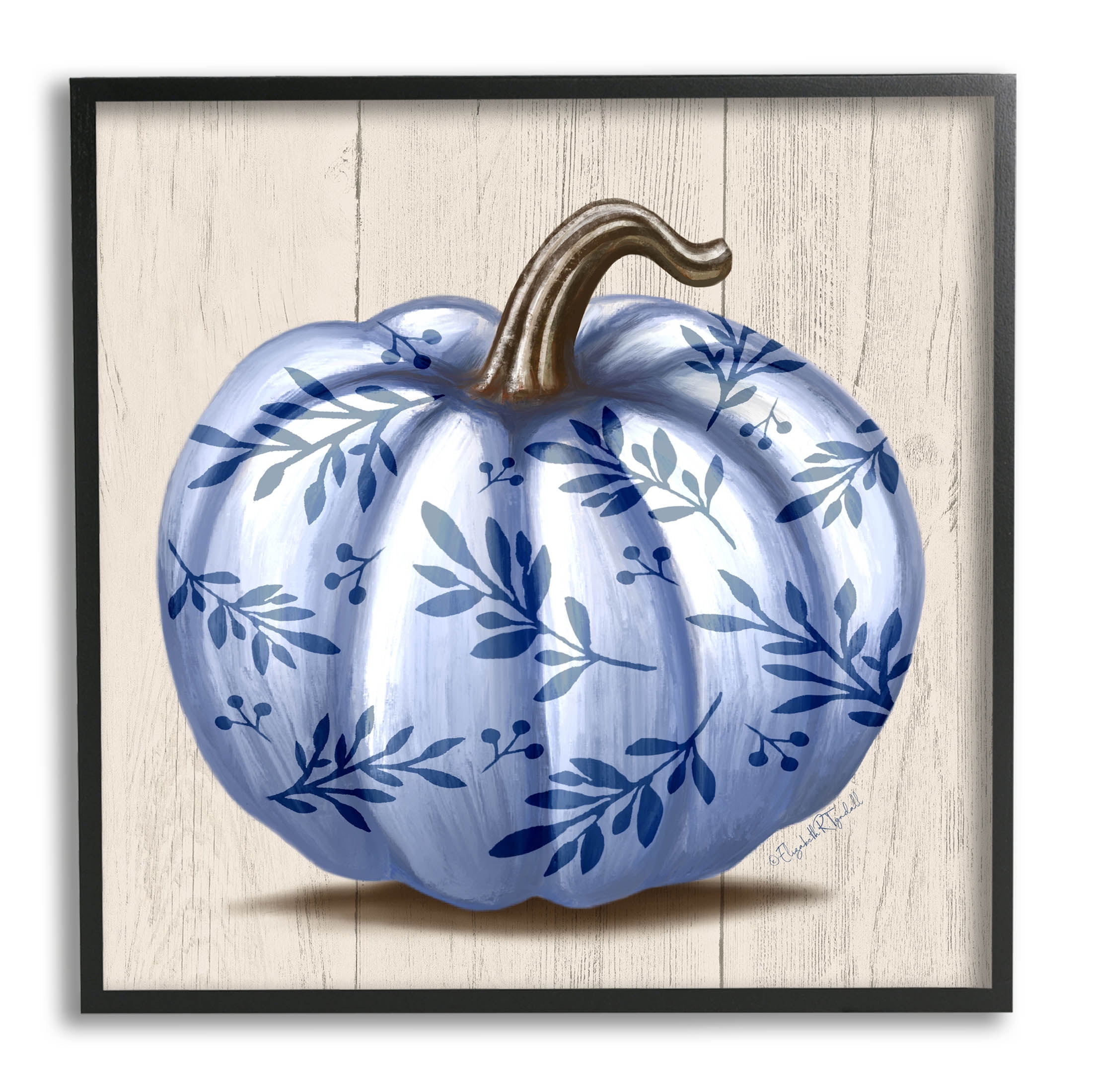 Stupell Industries Blue Patterned Botanical Pumpkin Graphic Art Black Framed Art Print Wall Art, Design by Elizabeth Tyndall