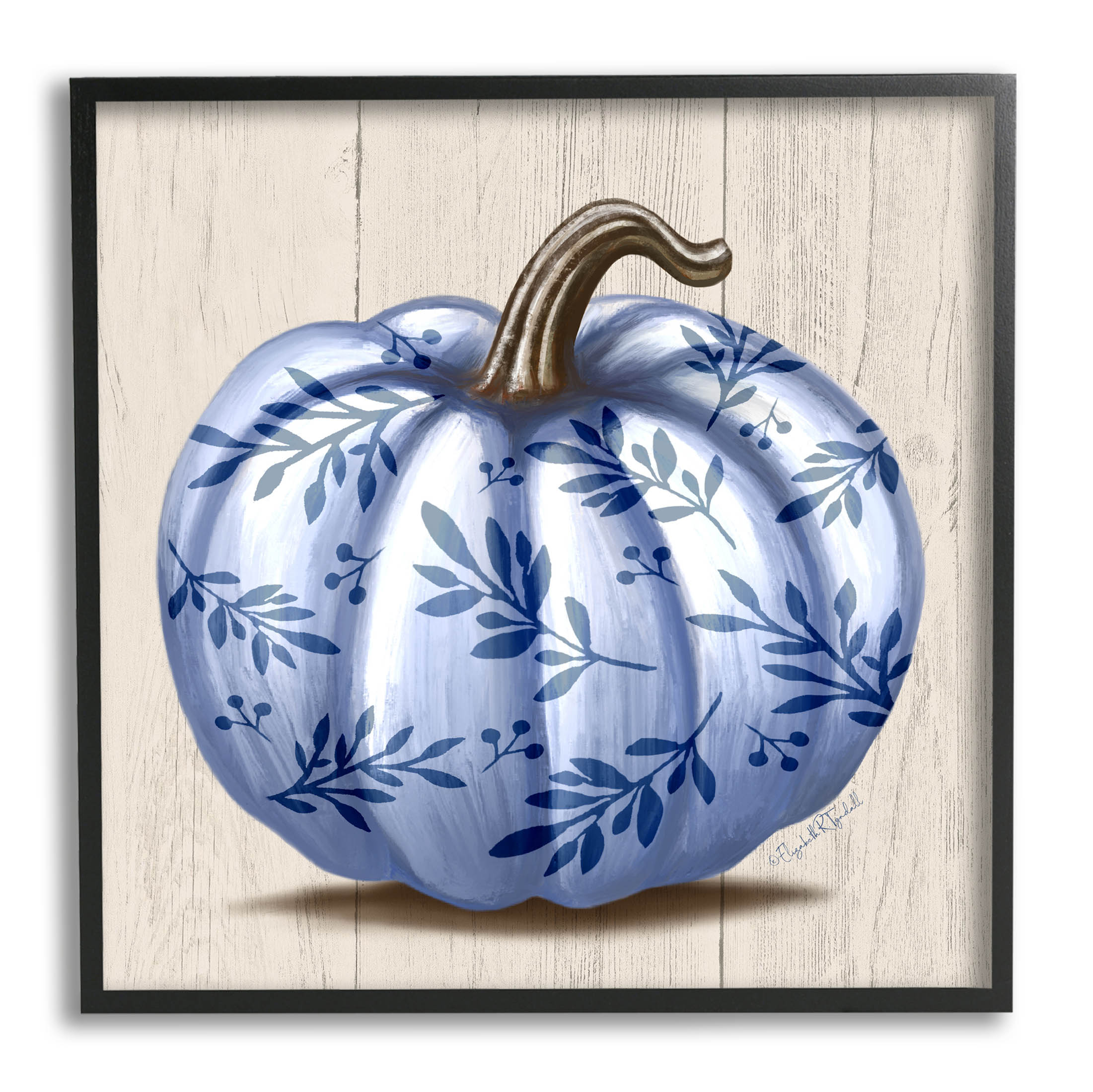 Stupell Industries Blue Patterned Botanical Pumpkin Graphic Art Black Framed Art Print Wall Art, Design by Elizabeth Tyndall