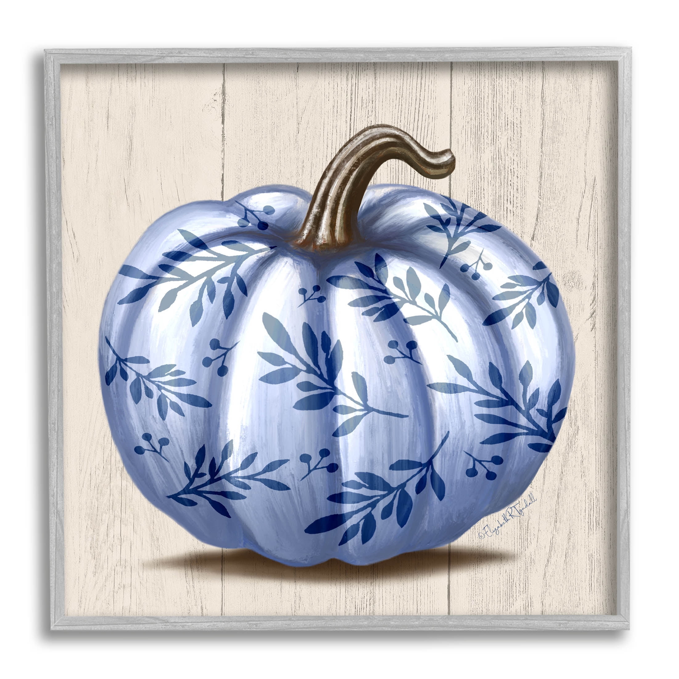 Stupell Industries Blue Patterned Botanical Pumpkin Graphic Art Gray Framed Art Print Wall Art, Design by Elizabeth Tyndall