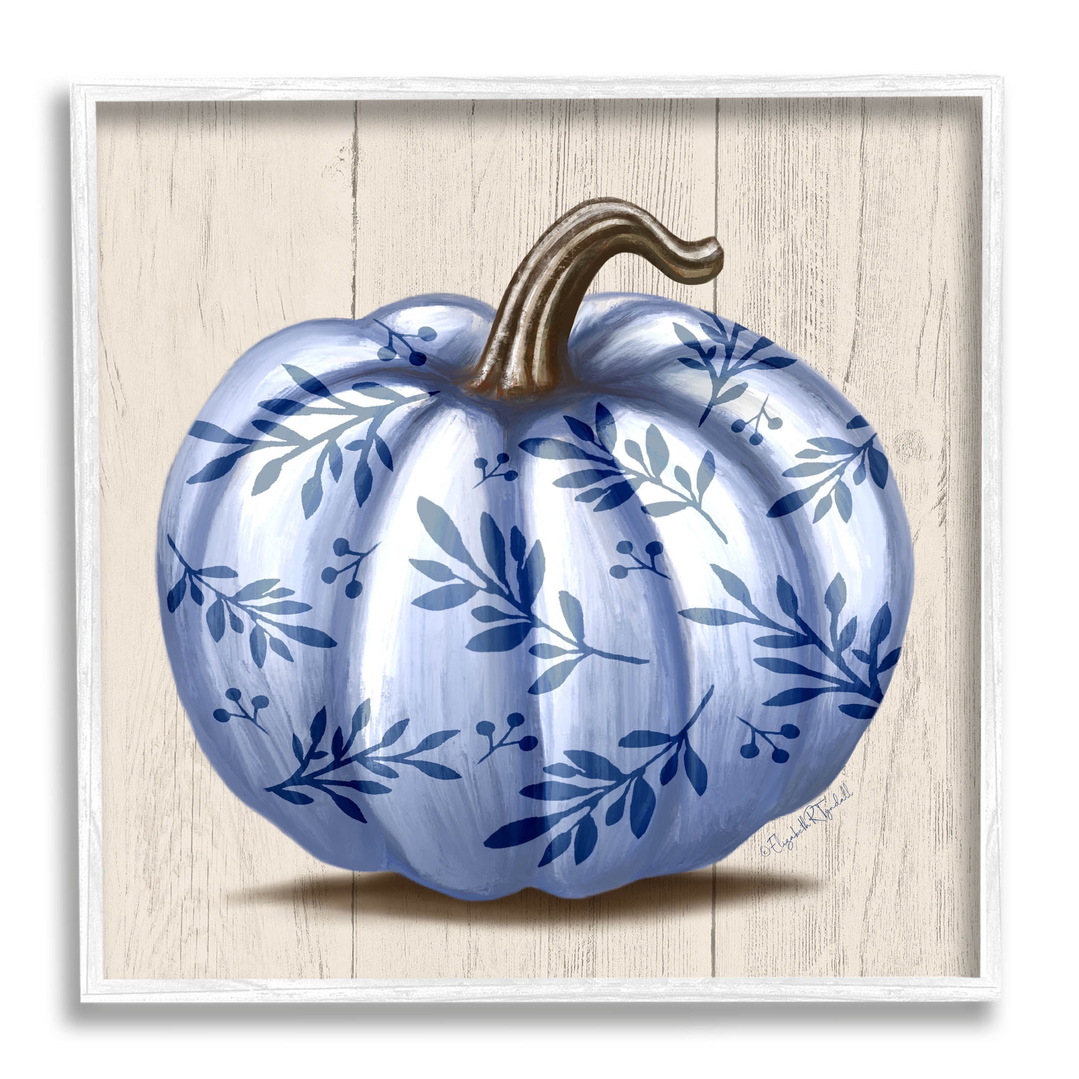 Stupell Industries Blue Patterned Botanical Pumpkin Graphic Art White Framed Art Print Wall Art, Design by Elizabeth Tyndall