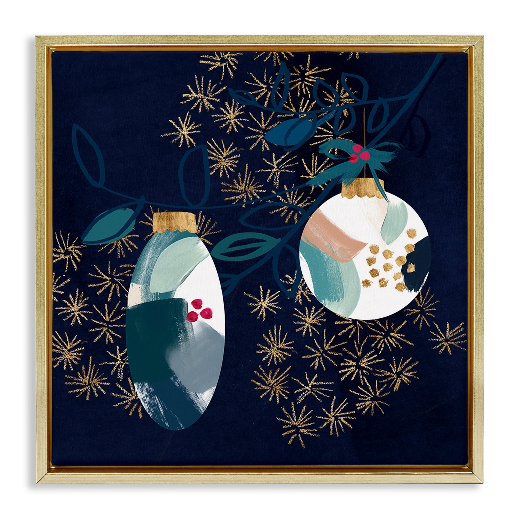 Stupell Industries Blue Patterned Ornaments Holiday Painting Gold Floater Framed Art Print Wall Art, 18 x 18