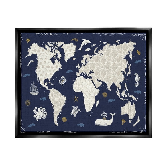 Stupell Industries Blue Patterned World Map Animals & Insects Painting Black Floater Framed Art Print Wall Art, 21 x 17