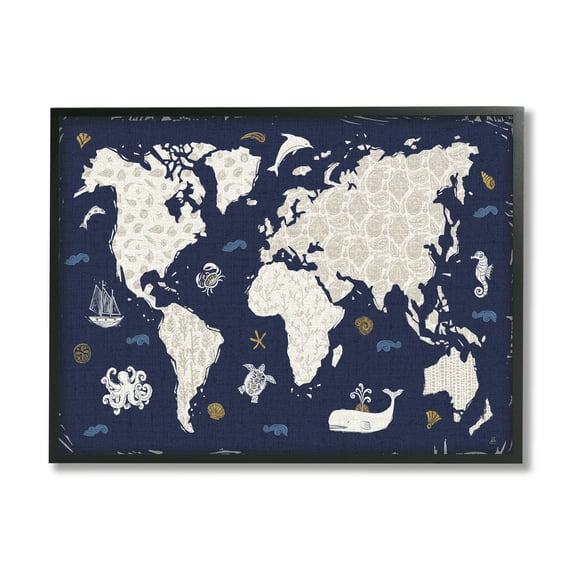 Stupell Industries Blue Patterned World Map Animals & Insects Painting Black Framed Art Print Wall Art, 14 x 11