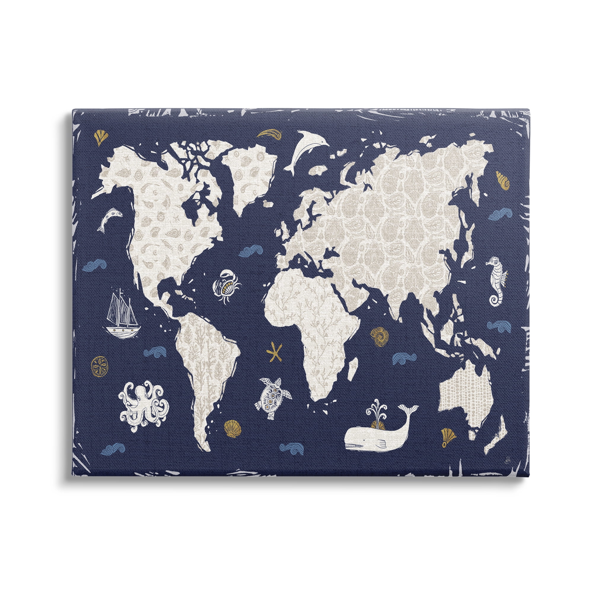 Stupell Industries Blue Patterned World Map Animals & Insects Painting Gallery Wrapped Canvas Print Wall Art, 48 x 36