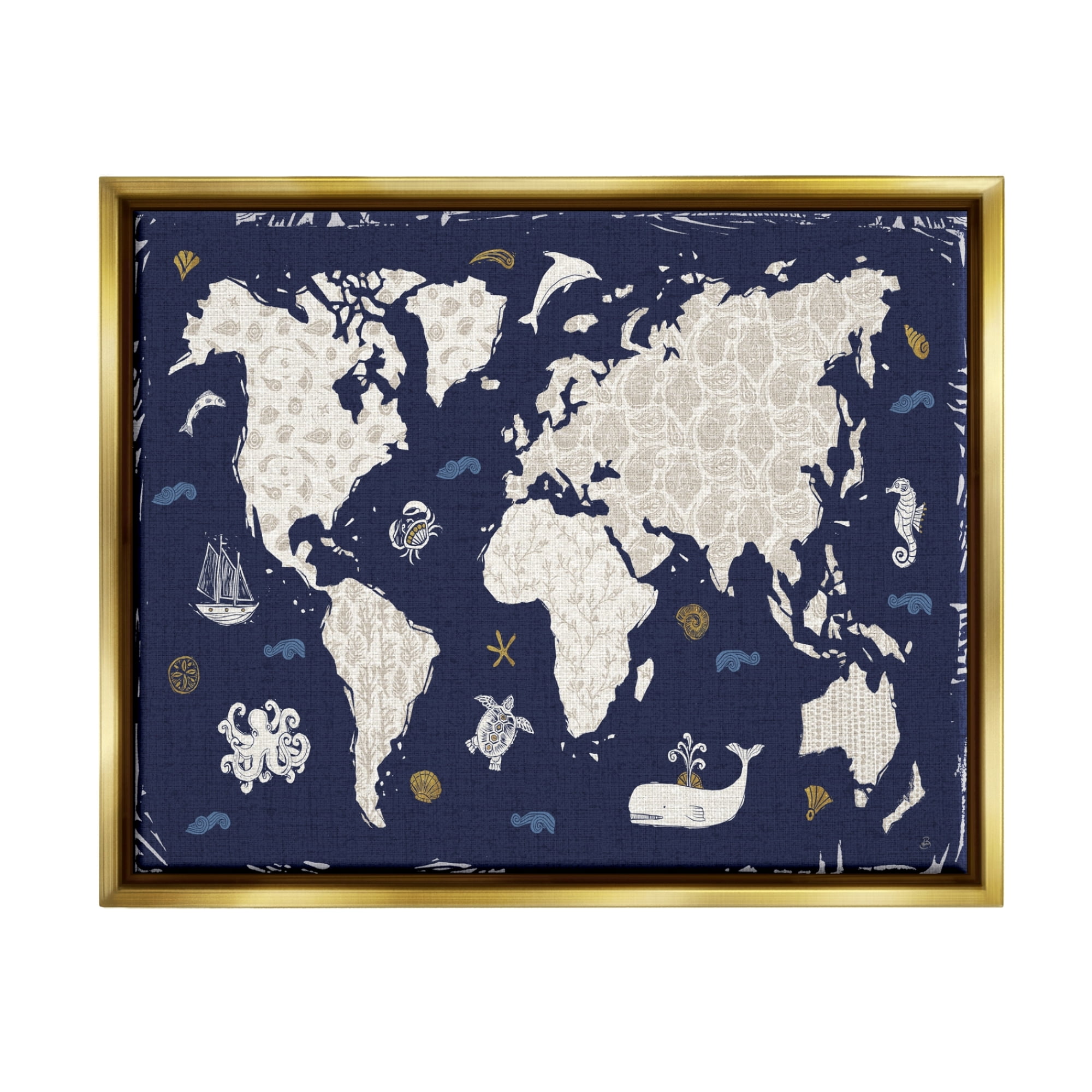 Stupell Industries Blue Patterned World Map Animals & Insects Painting Gold Floater Framed Art Print Wall Art, 31 x 25
