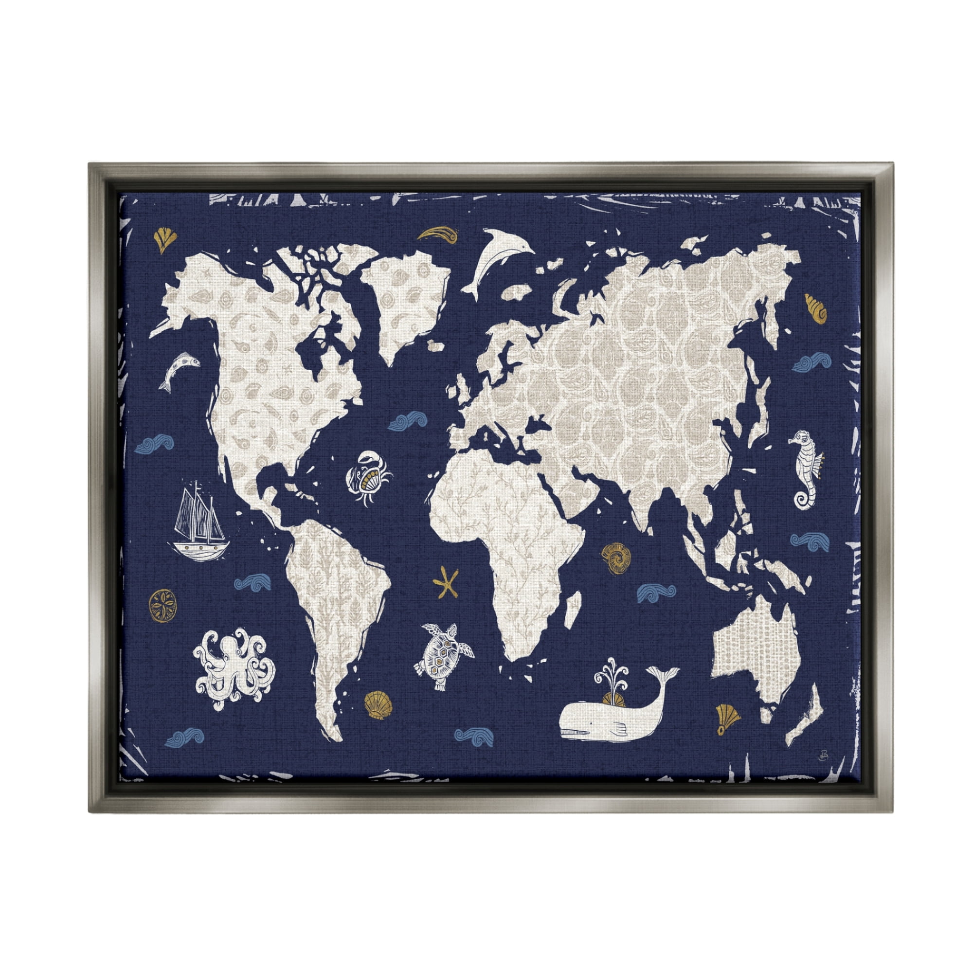 Stupell Industries Blue Patterned World Map Animals & Insects Painting Gray Floater Framed Art Print Wall Art, 31 x 25