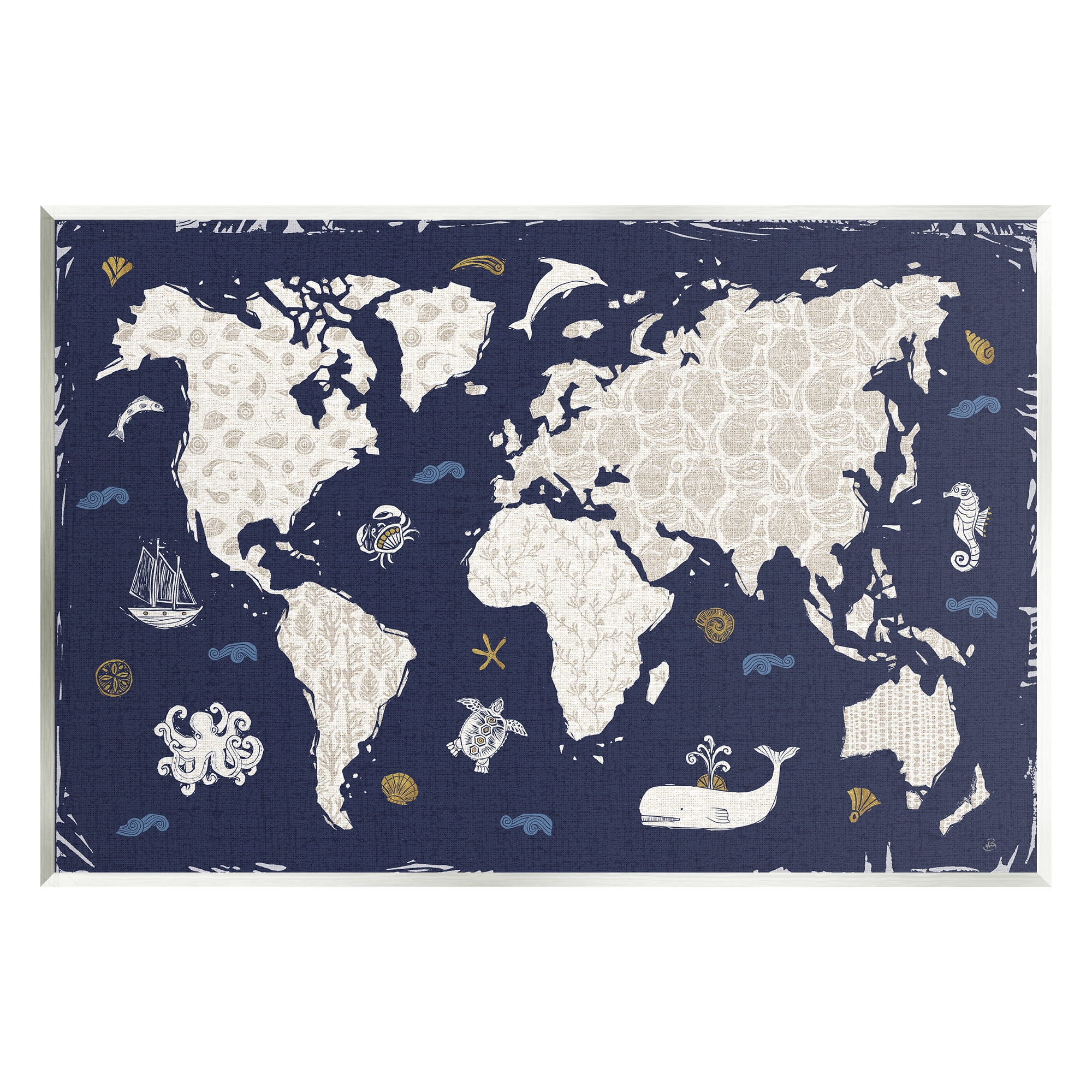 Stupell Industries Blue Patterned World Map Animals & Insects Painting Unframed Art Print Wall Art, 15 x 10