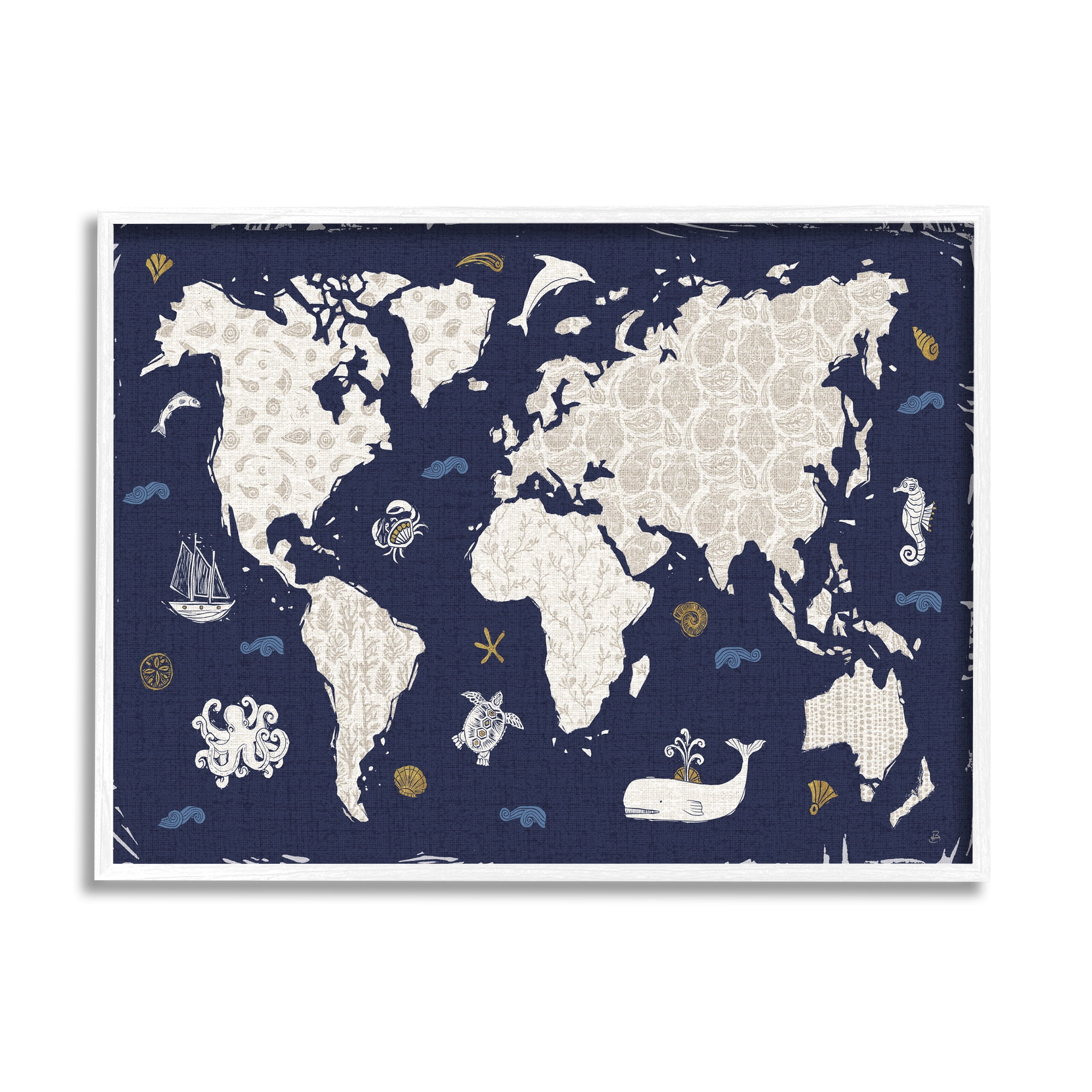 Stupell Industries Blue Patterned World Map Animals & Insects Painting White Framed Art Print Wall Art, 30 x 24
