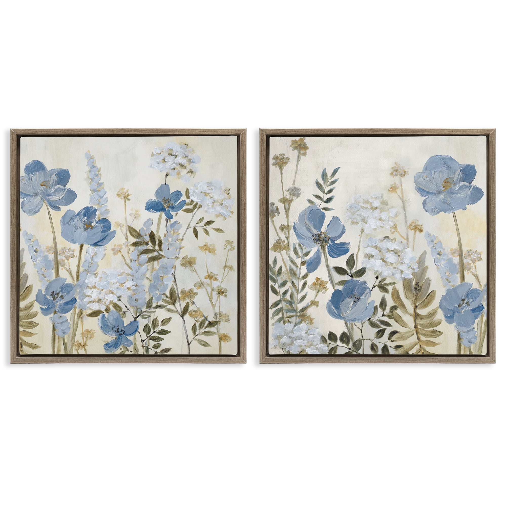 Stupell Industries Blue Peaceful Garden 2 Piece Brown Framed Floater Canvas Set, design by Lanie Loreth