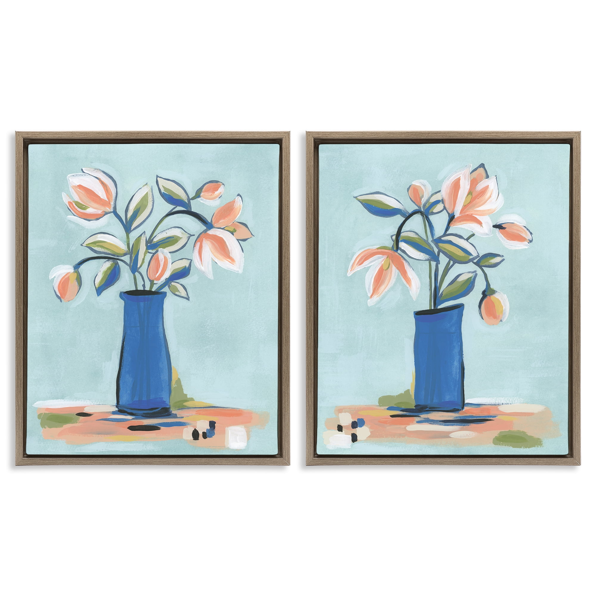 Stupell Industries Blue & Peach Flowers Plants & Flowers Painting Brown Floater Framed Canvas Art Print Wall Art, 17 x 21, Set of 2