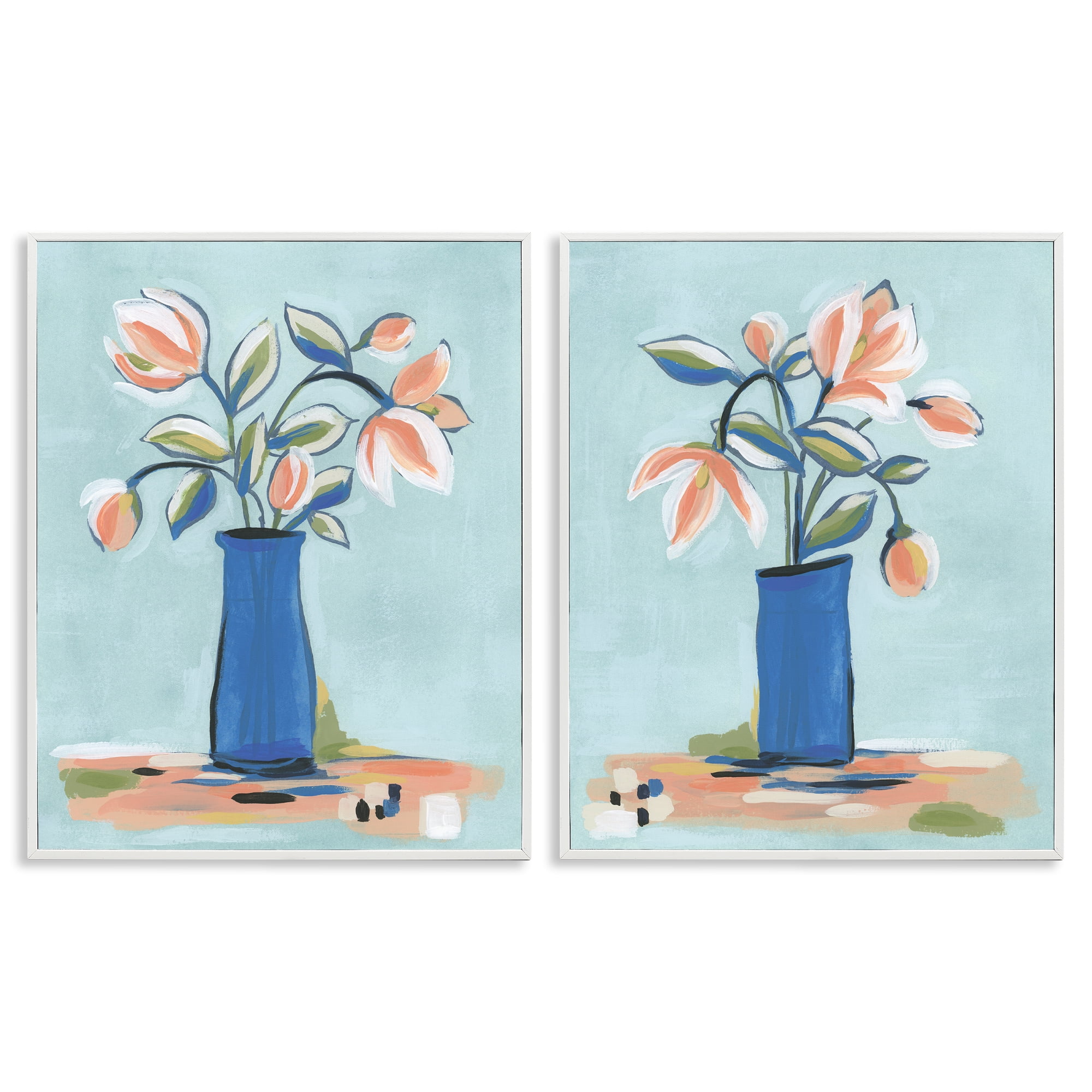 Stupell Industries Blue & Peach Flowers Plants & Flowers Painting White Framed Art Print Wall Art, 24 x 30, Set of 2