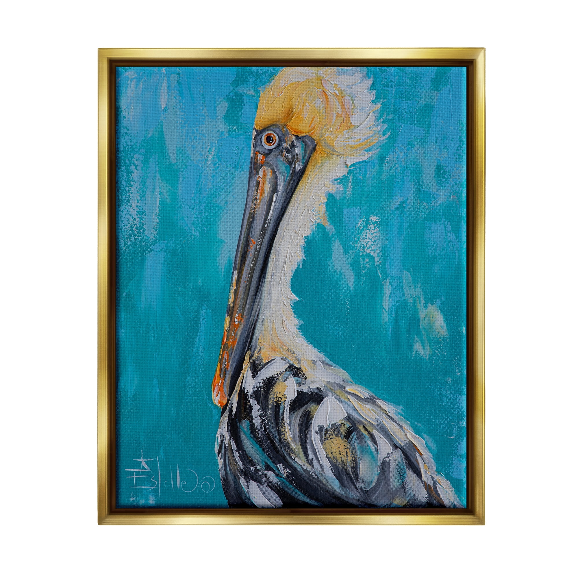 Stupell Industries Blue Pelican Painting Animals & Insects Painting Gold Floater Framed Canvas Art Print Wall Art, 17 x 21