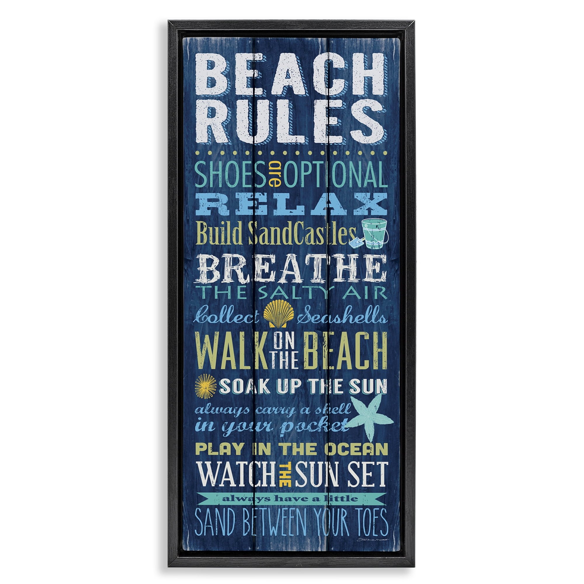 Stupell Industries Blue Planked Beach Rules Sign Nature Painting Black Floater Framed Canvas Art Print Wall Art, 15 x 31