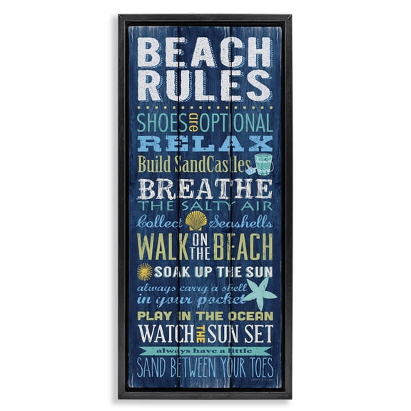Stupell Industries Blue Planked Beach Rules Sign Nature Painting Black Floater Framed Canvas Art Print Wall Art, 15 x 31