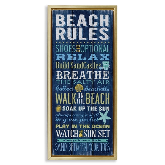Stupell Industries Industrial Blue Planked Beach Rules Sign Gold Floating Frame Canvas Art, 11 x 25, by Stephanie Workman Marrott