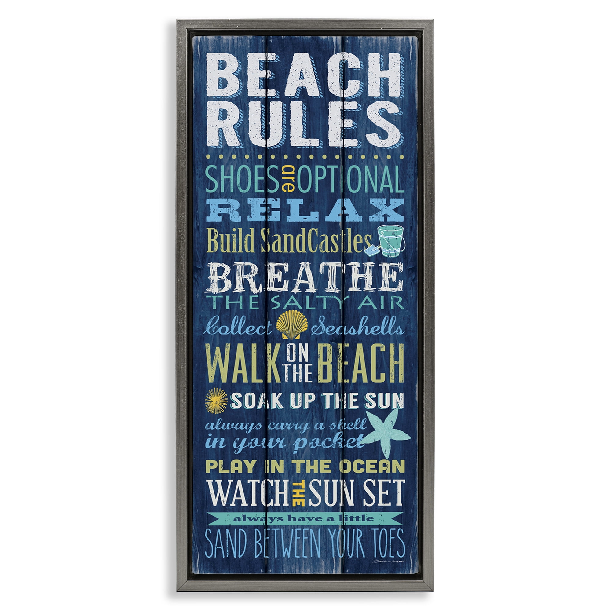 Stupell Industries Blue Planked Beach Rules Sign Nature Painting Gray Floater Framed Canvas Art Print Wall Art, 15 x 31