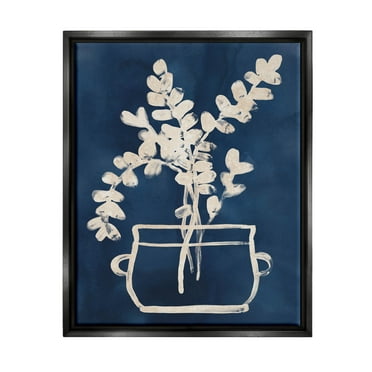 Stupell Industries Blue Plant Herbs Outline Graphic Art Jet Black Floating Framed Canvas Print Wall Art, Design by June Erica Vess