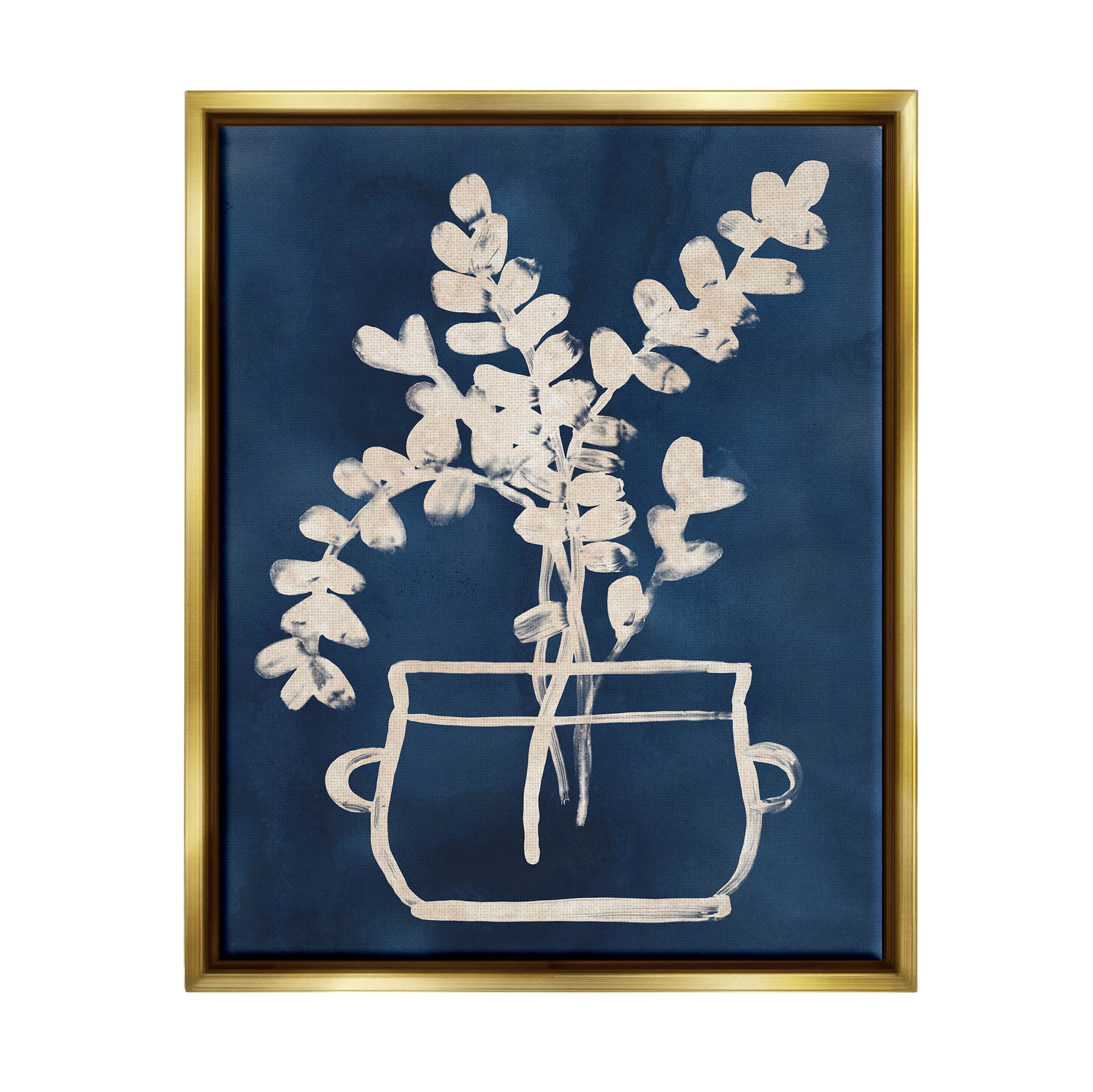 Stupell Industries Blue Plant Herbs Outline Graphic Art Metallic Gold Floating Framed Canvas Print Wall Art, Design by June Erica Vess