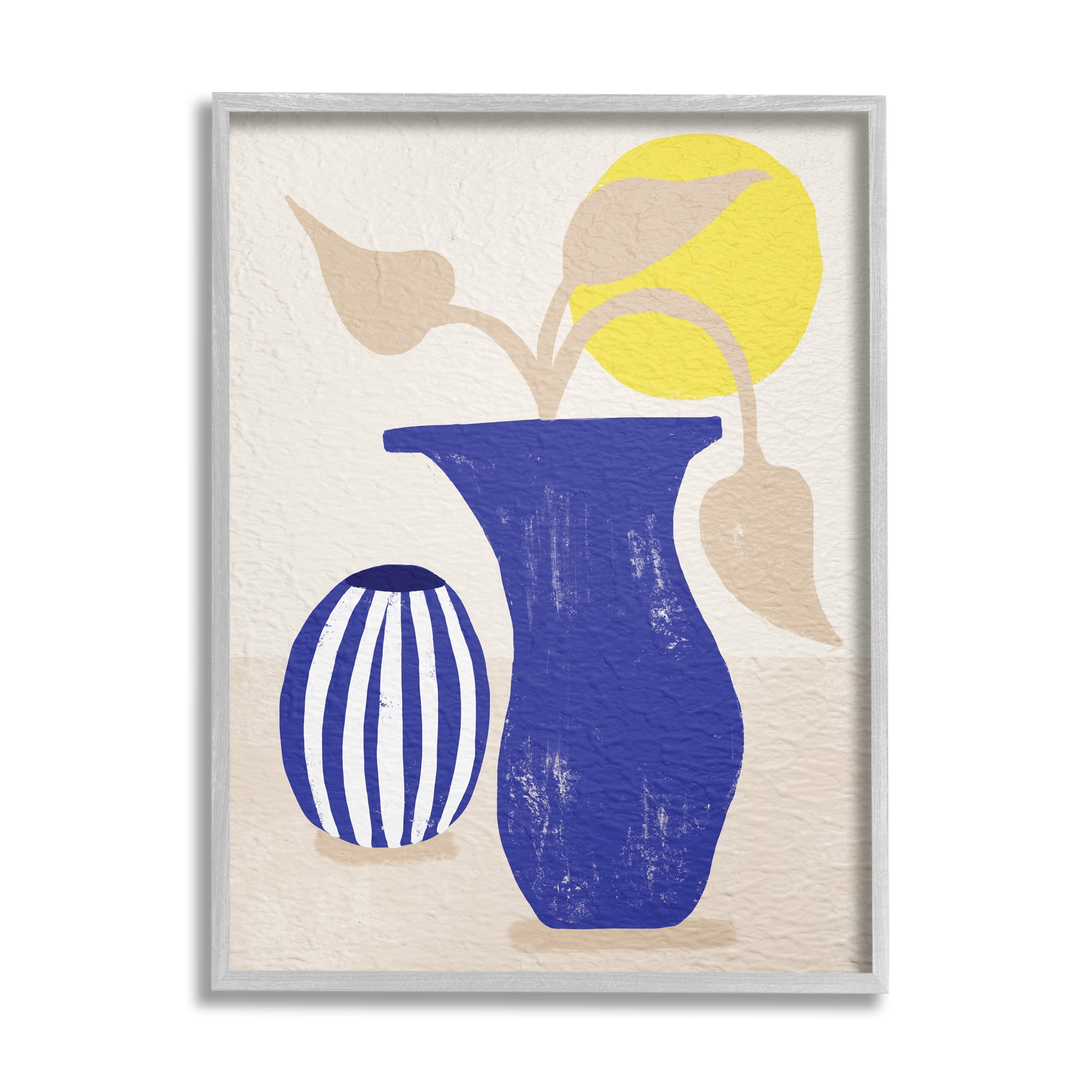 Stupell Industries Blue Plant Vase Western Terracotta Yellow Sun Botanical & Floral Painting Gray Framed Art Print Wall Art, 16 x 20
