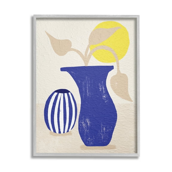 Stupell Industries Blue Plant Vase Western Terracotta Yellow Sun Botanical & Floral Painting Gray Framed Art Print Wall Art, 16 x 20