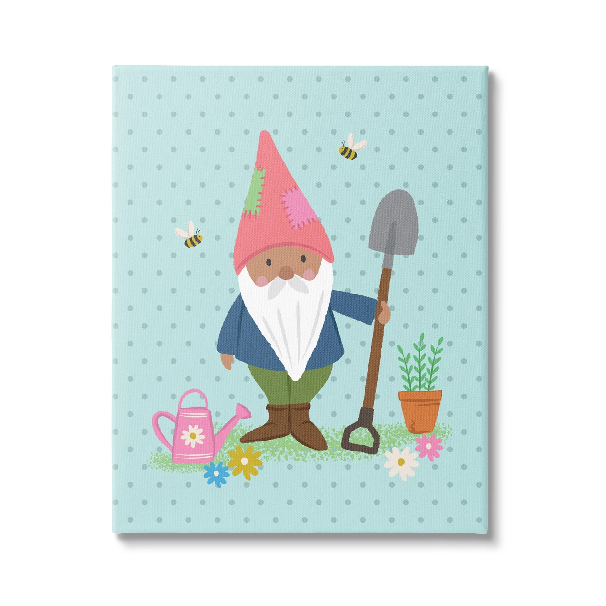 Stupell Industries Blue Polka Dot Gnome Gardening Flower Pot Bees Canvas Wall Art, 16 x 20, Design by Lisa Perry Whitebutton