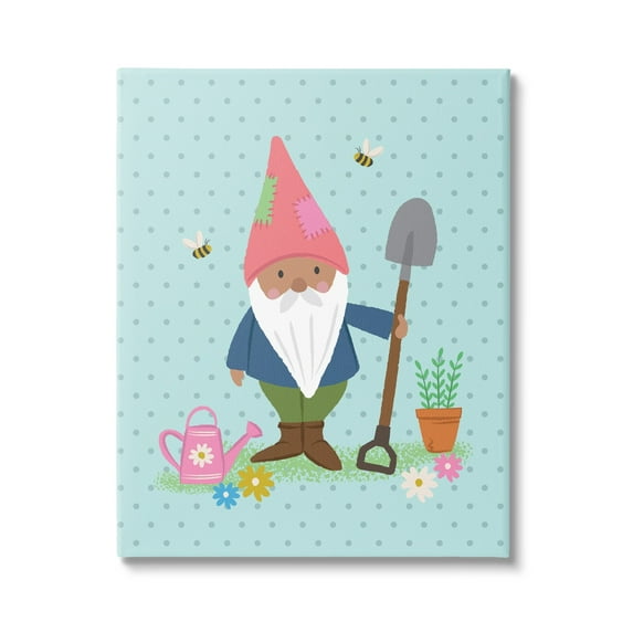 Stupell Industries Blue Polka Dot Gnome Gardening Flower Pot Bees Canvas Wall Art, 36 x 48, Design by Lisa Perry Whitebutton