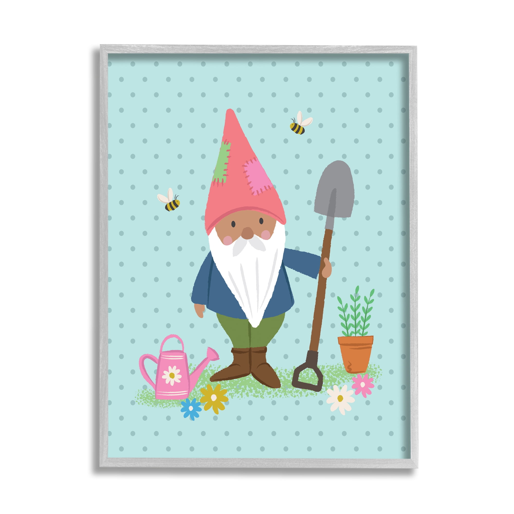 Blue Polka Dot Gnome Gardening Flower Pot Bees Botanical & Floral Graphic Art Framed Art Print Wall Art