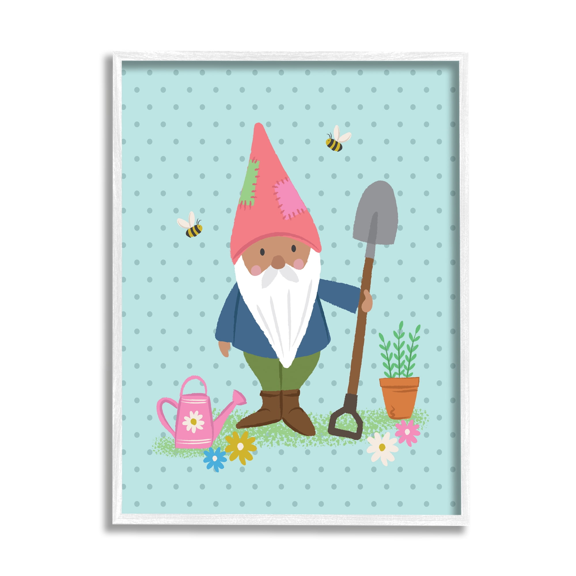 Stupell Industries Blue Polka Dot Gnome Gardening Flower Pot Bees Framed Wall Art, 16 x 20, Design by Lisa Perry Whitebutton