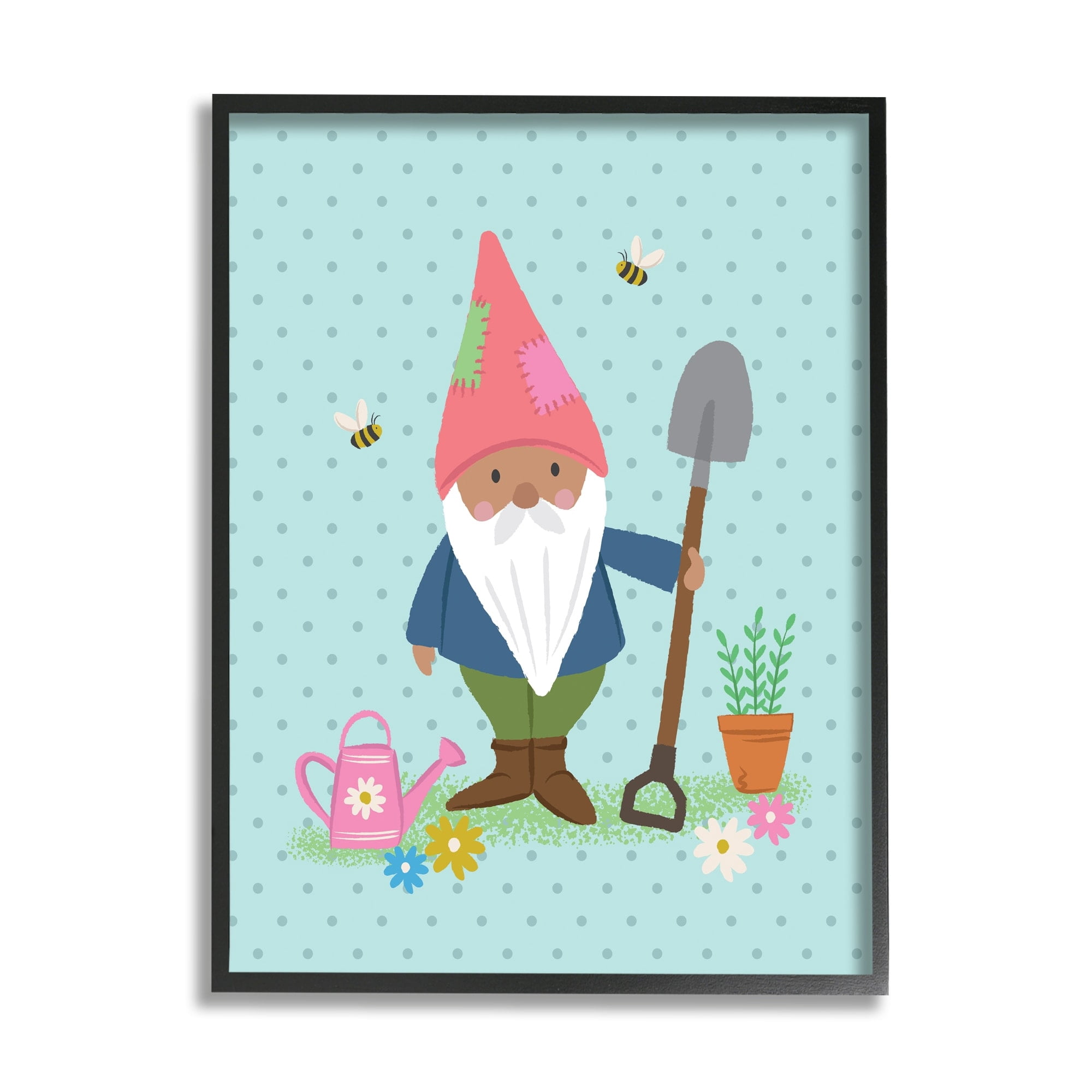 Stupell Industries Blue Polka Dot Gnome Gardening Flower Pot Bees Framed Wall Art, 16 x 20, Design by Lisa Perry Whitebutton