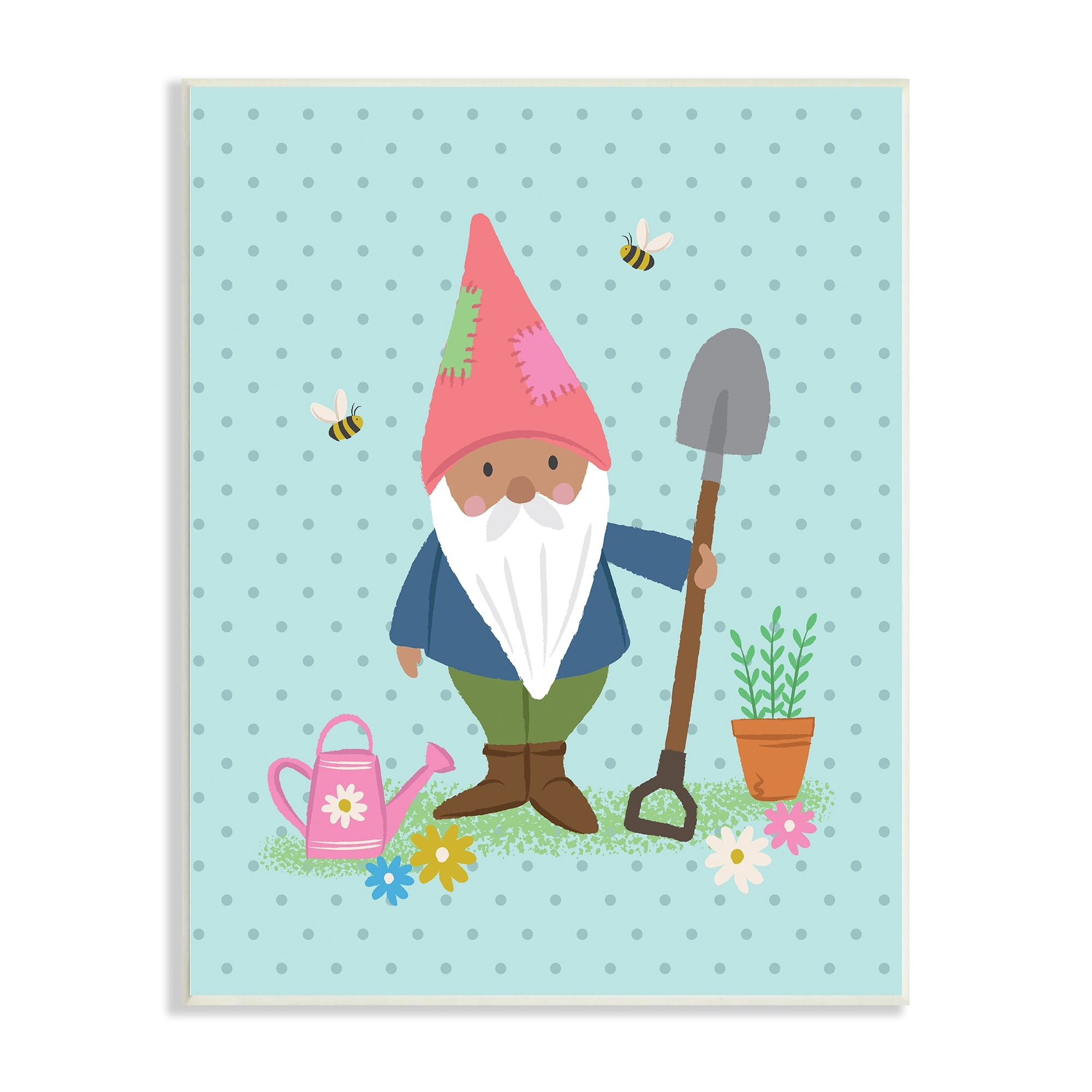 Stupell Industries Blue Polka Dot Gnome Gardening Flower Pot Bees Wood Wall Art, 13 x 19, Design by Lisa Perry Whitebutton