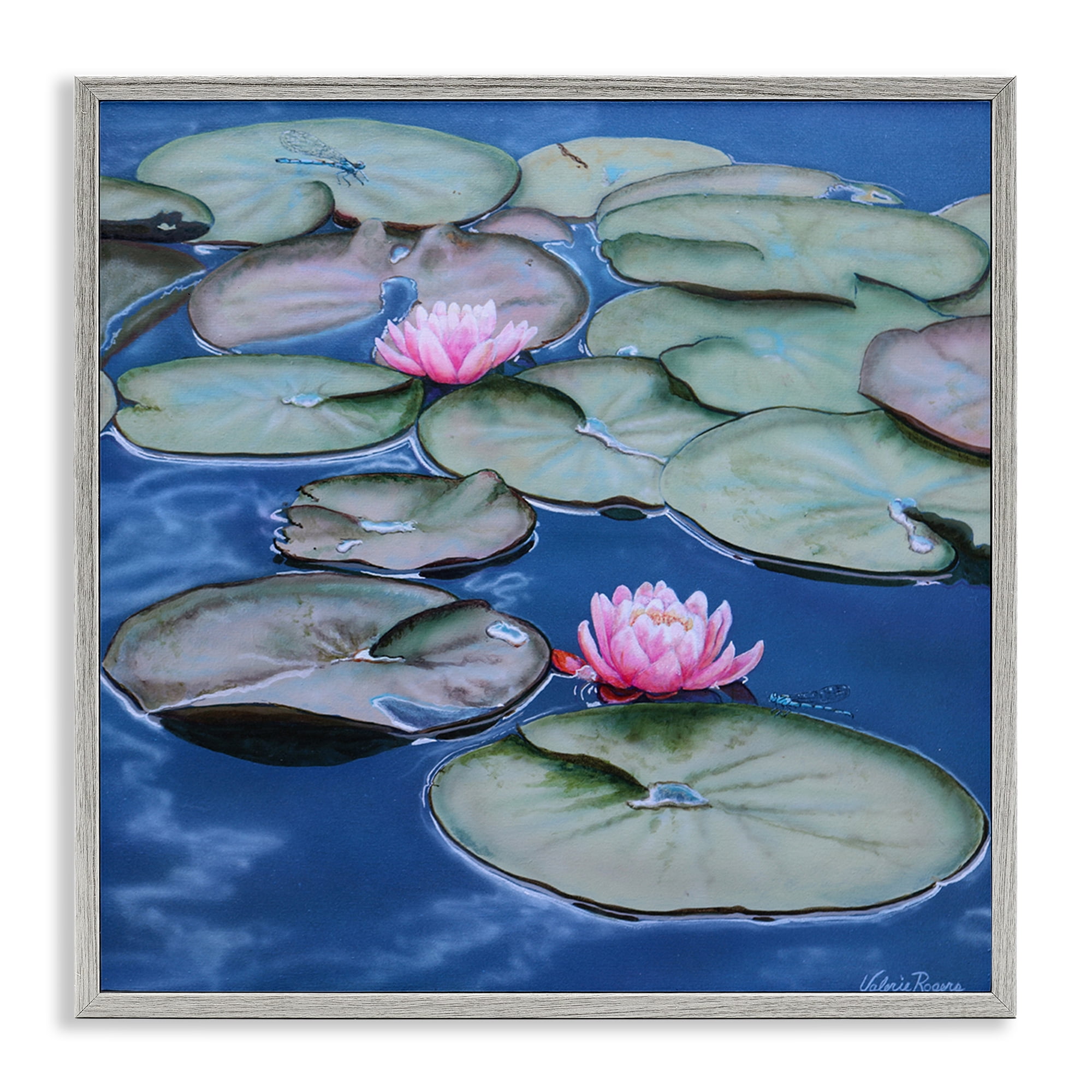 Stupell Industries Blue Pond Lily Reflection Landscape & Nature Painting Gray Framed Art Print Wall Art, 17 x 17