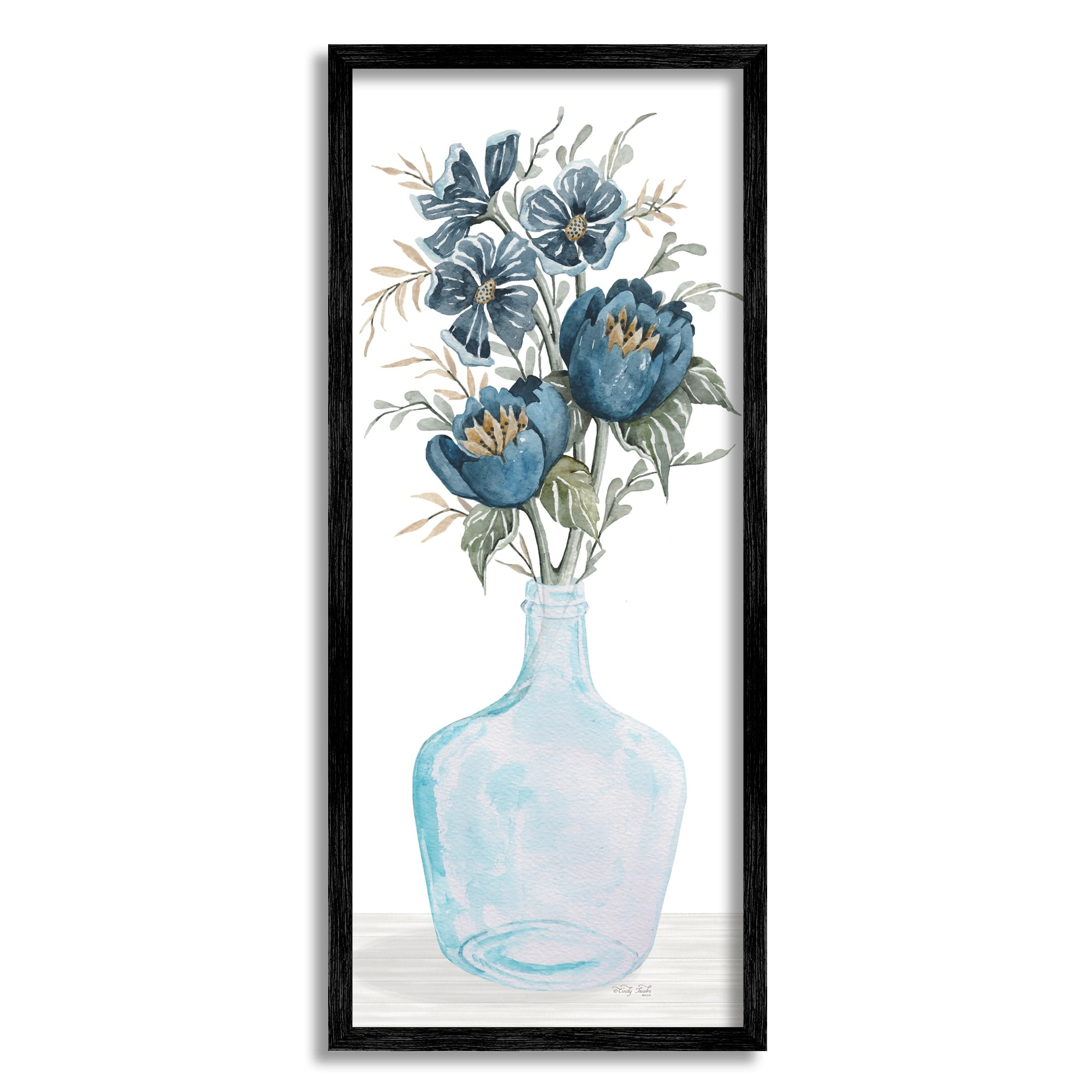 Stupell Industries Blue Poppies Blossoms Transparent Glass Vase Bouquet,10 x 24, Design by Cindy Jacobs