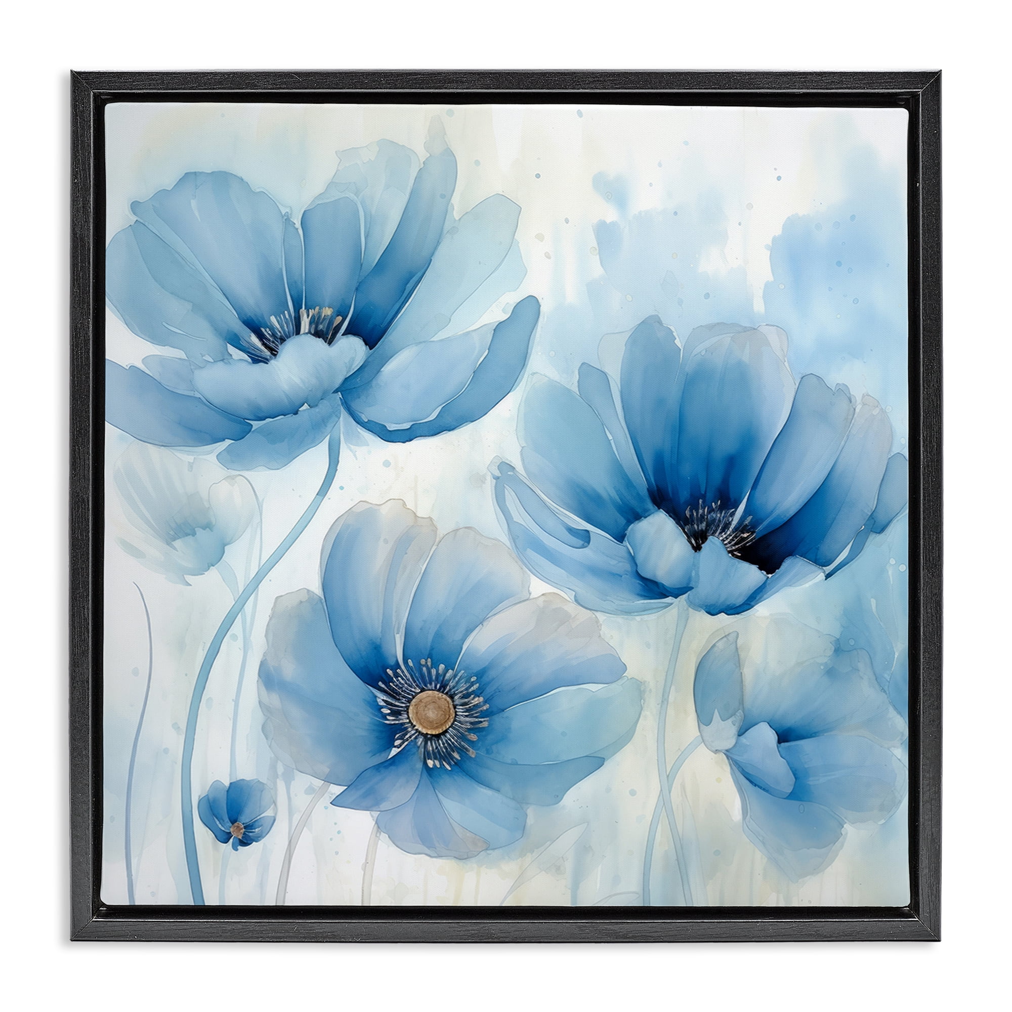 Stupell Industries Blue Poppies Ombre Plants & Flowers Painting Black Floater Framed Canvas Art Print Wall Art, 18 x 18