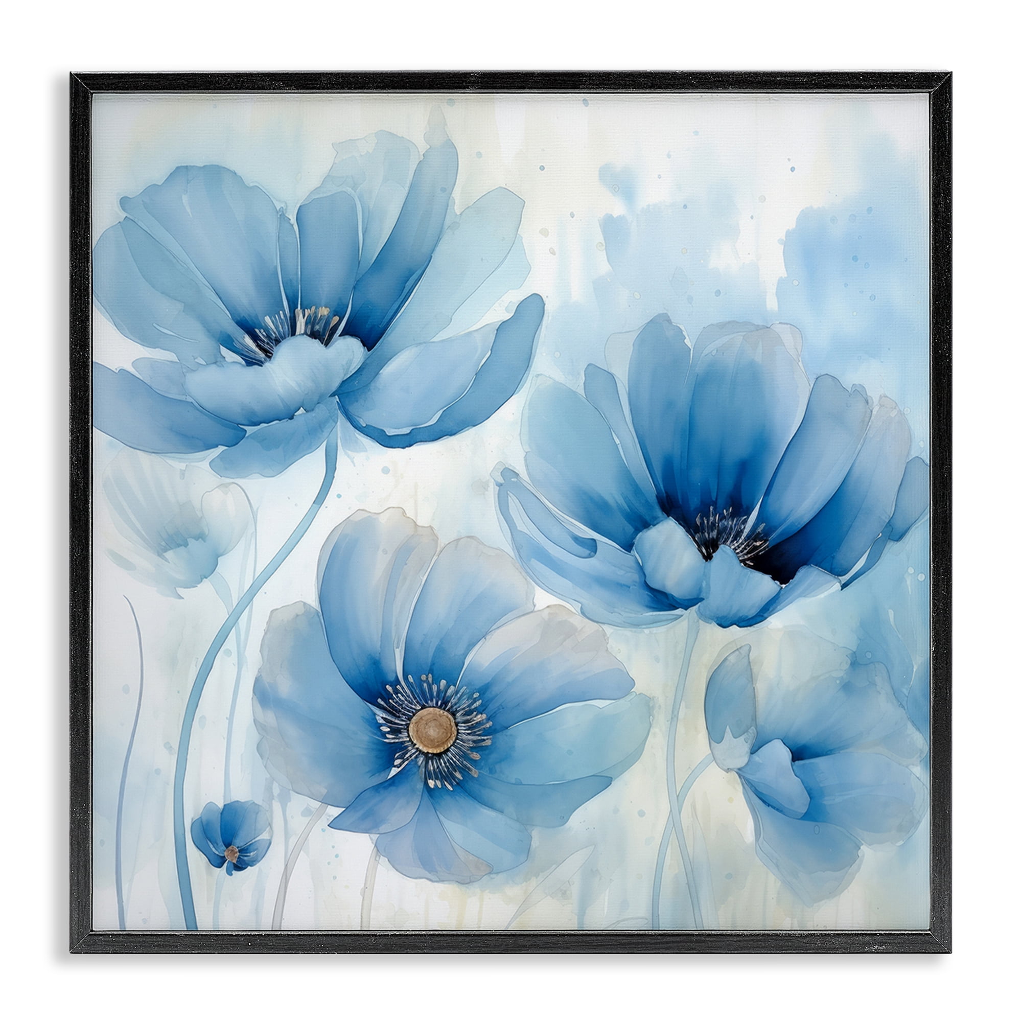Stupell Industries Blue Poppies Ombre Plants & Flowers Painting Black Framed Art Print Wall Art, 24 x 24