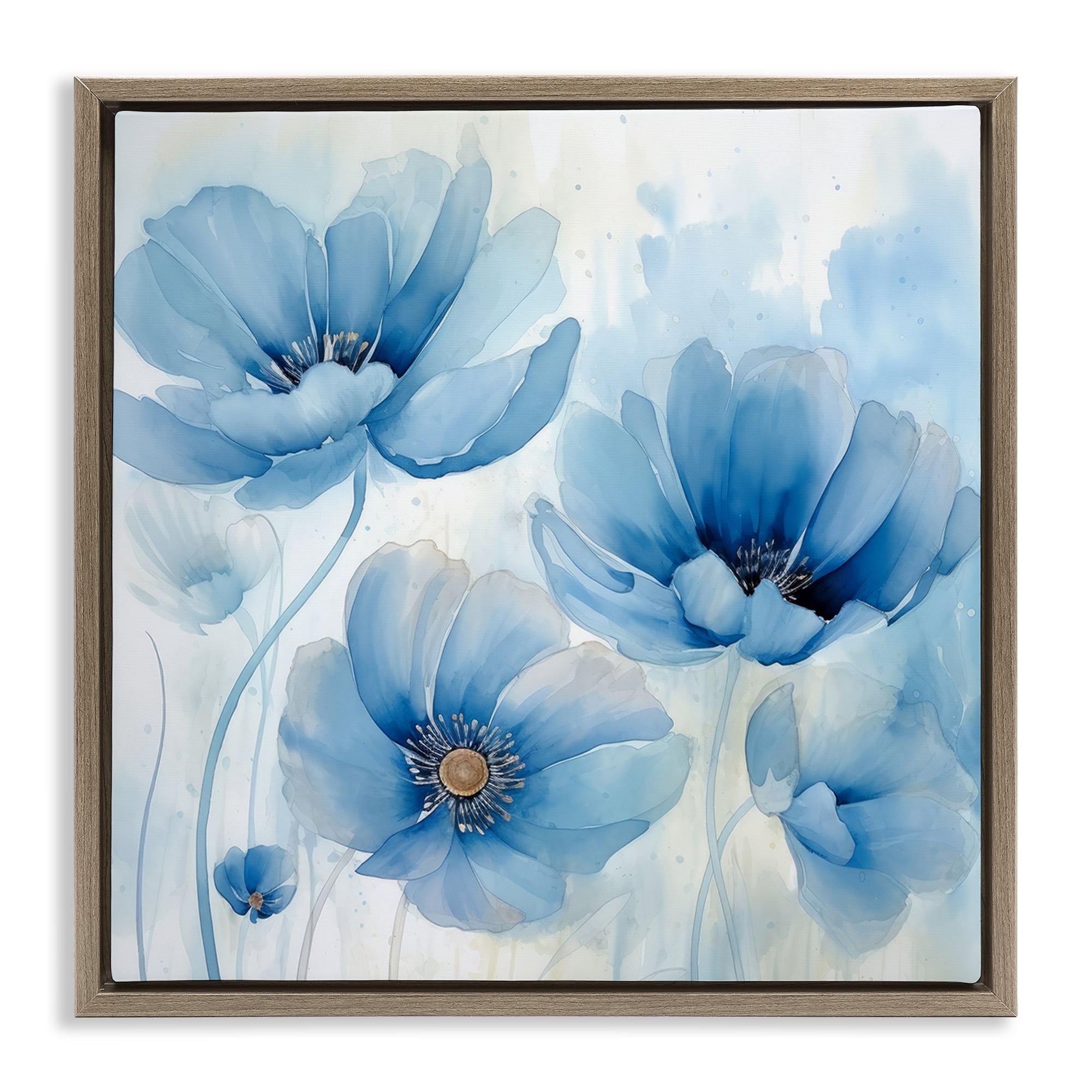 Stupell Industries Blue Poppies Ombre Plants & Flowers Painting Brown Floater Framed Canvas Art Print Wall Art, 25 x 25