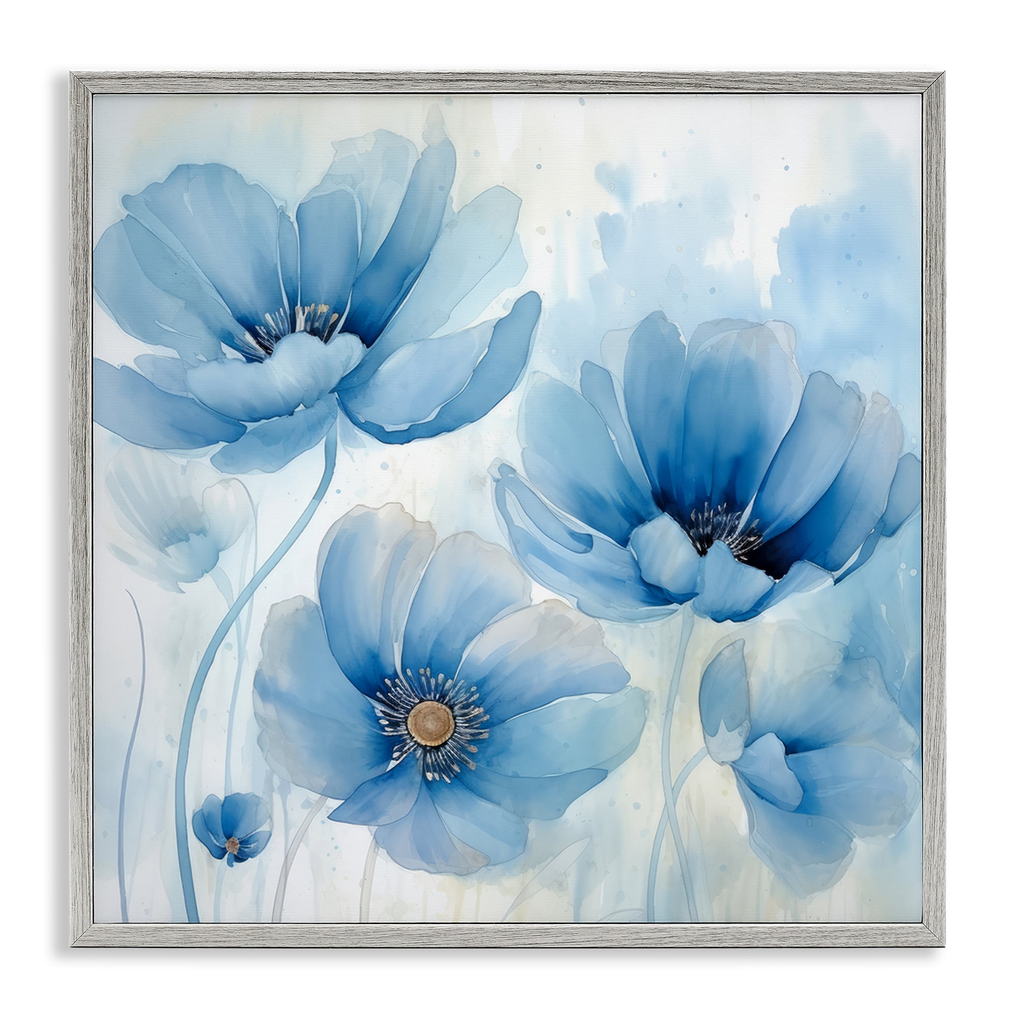 Stupell Industries Blue Poppies Ombre Plants & Flowers Painting Gray Framed Art Print Wall Art, 17 x 17