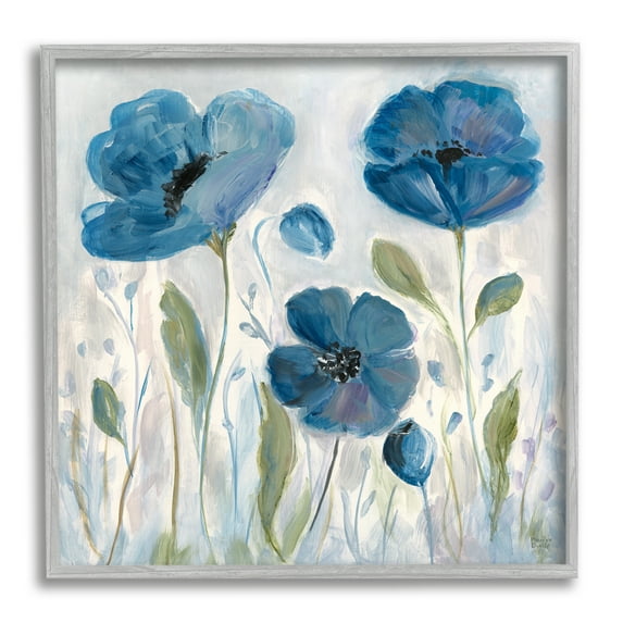 Stupell Industries Blue Poppies Painting Botanical & Floral Painting Gray Framed Art Print Wall Art, 24 x 24