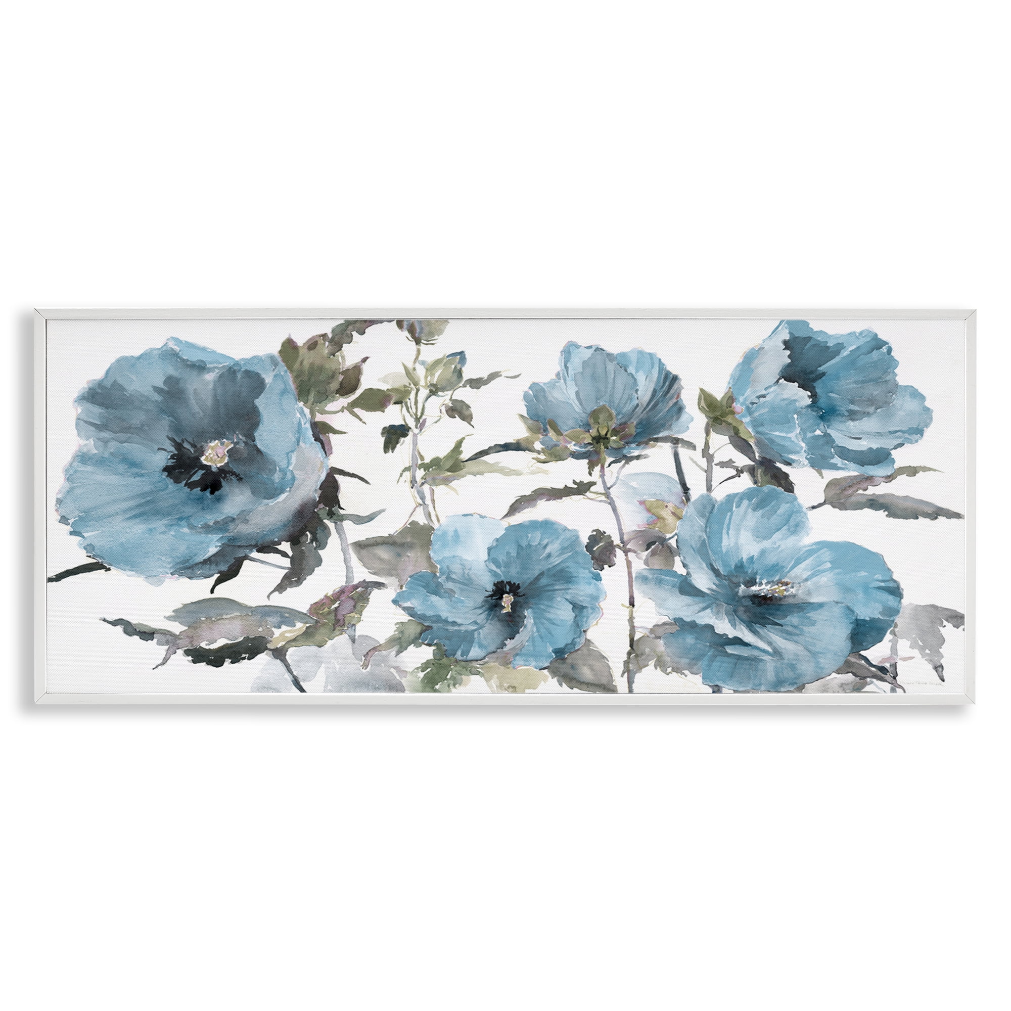 Stupell Industries Blue Poppies on White Plants & Flowers Painting White Framed Art Print Wall Art, 24 x 10