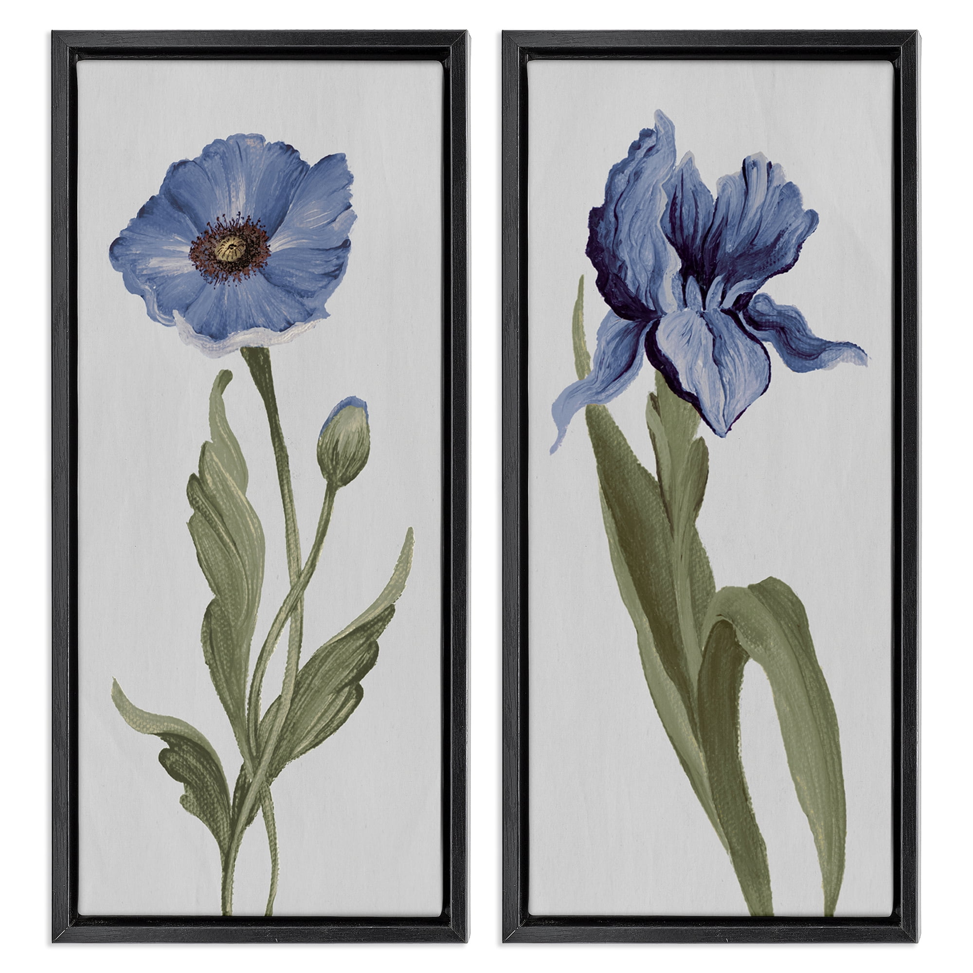 Stupell Industries Blue Poppy and Iris Flowers Plants & Flowers Painting Black Floater Framed Canvas Art Print Wall Art, 11 x 25, Set of 2